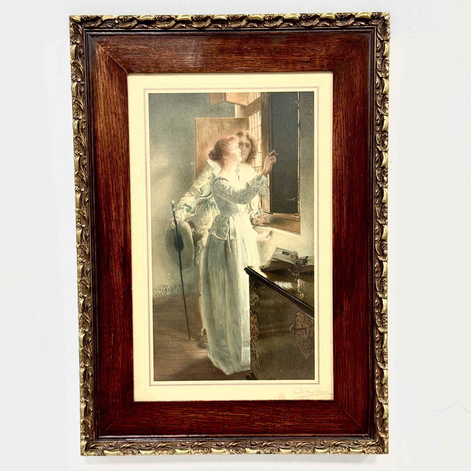 Laura Theresa Alma-Tadema, Silent Persuasion, Lithograph: This color lithograph titled Silent Persuasion is by Lady Laura Theresa Alma-Tadema (British, 1852 - 1909). The image depicts a 17th-century Dutch style genre scene with a young woman in a pale blue