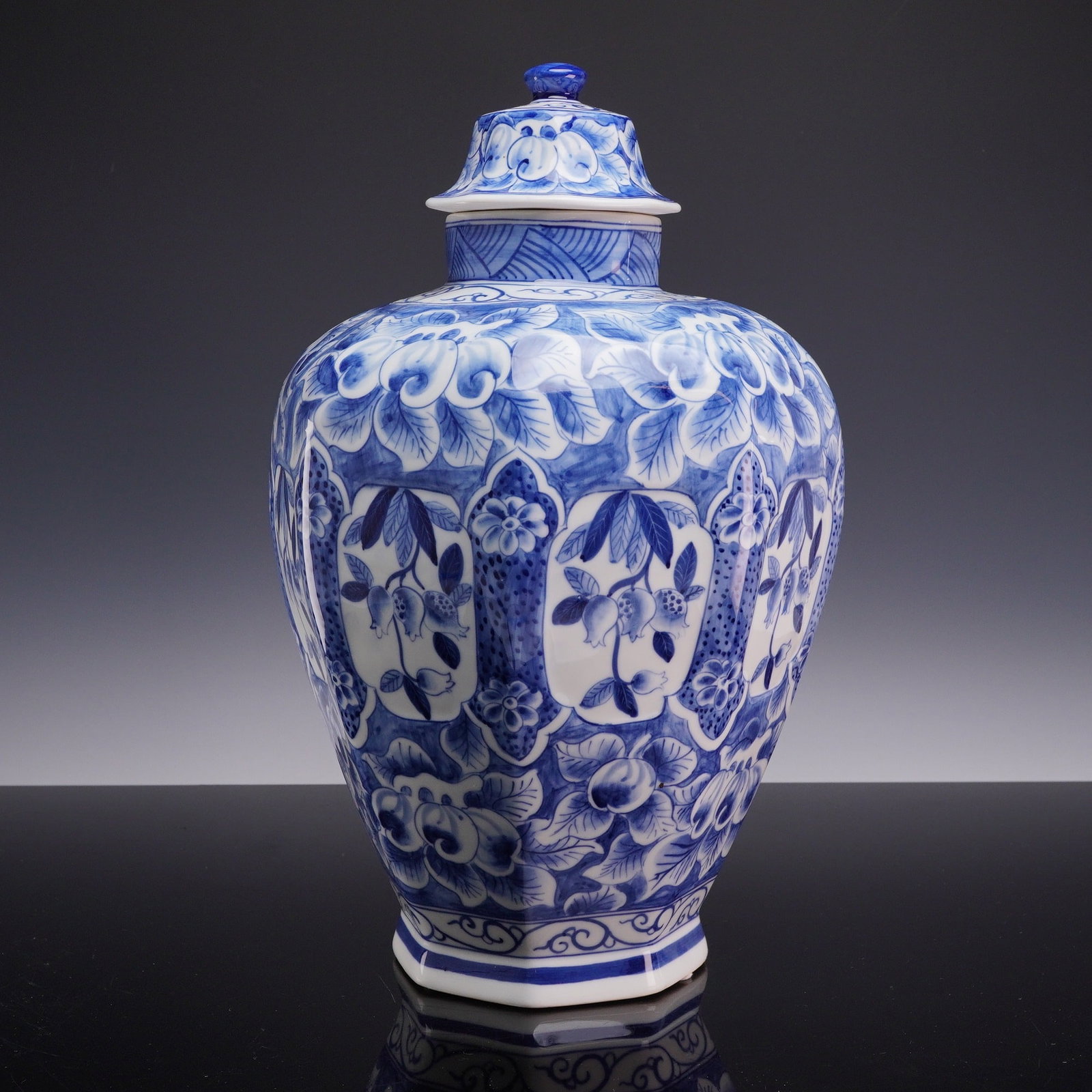 Octagonal Blue and White Porcelain Lidded Temple Jar (1 of 3)