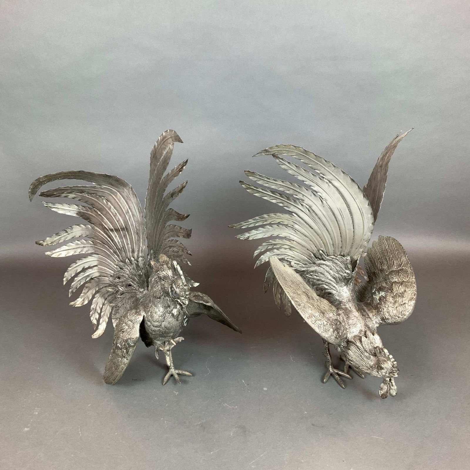 2pc Silver-Toned Cast Metal Fighting Rooster Figurines (1 of 4)
