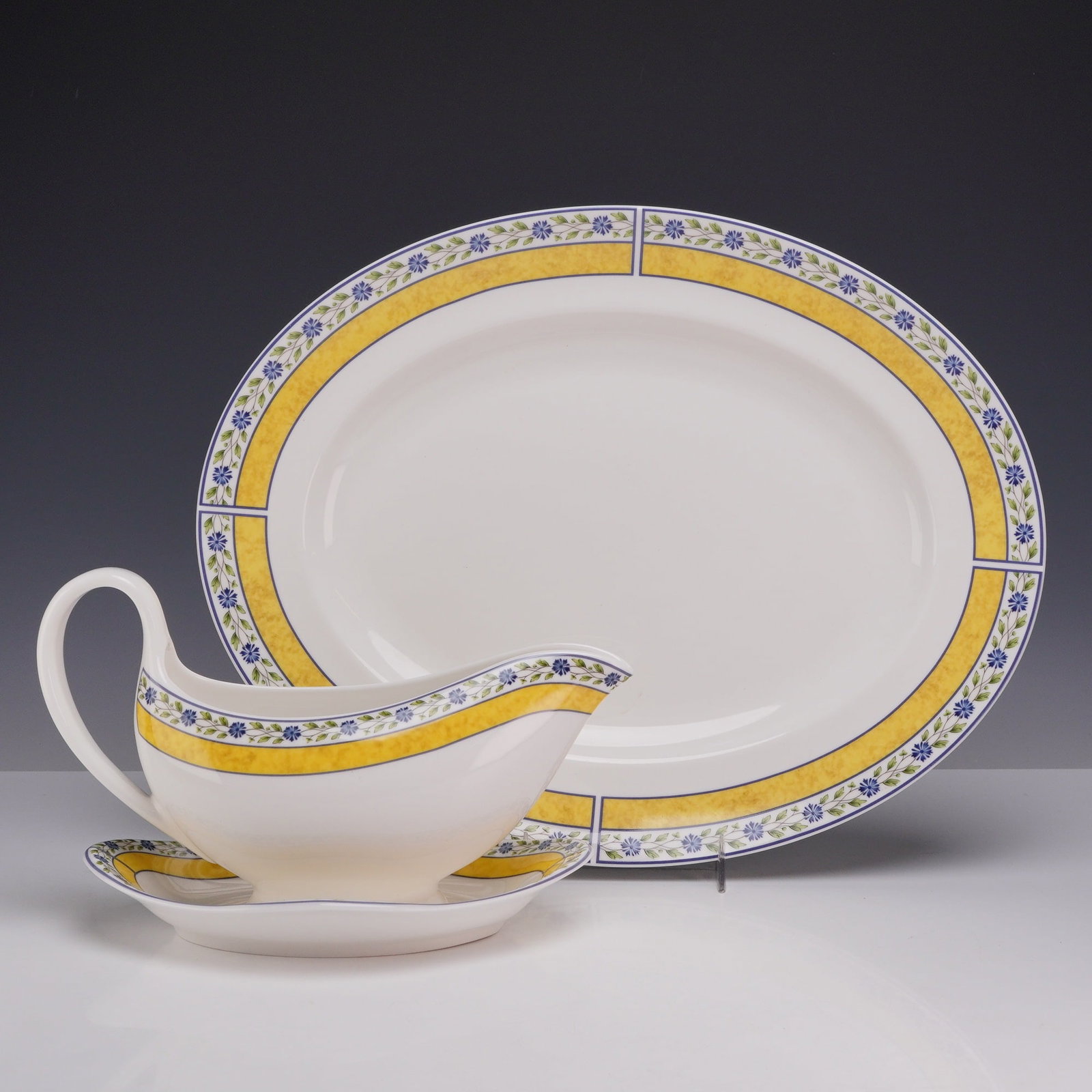 Three Piece Wedgwood Bone China Serving Set- Platter, Sauce Boat with Plate, Mistral (1 of 3)