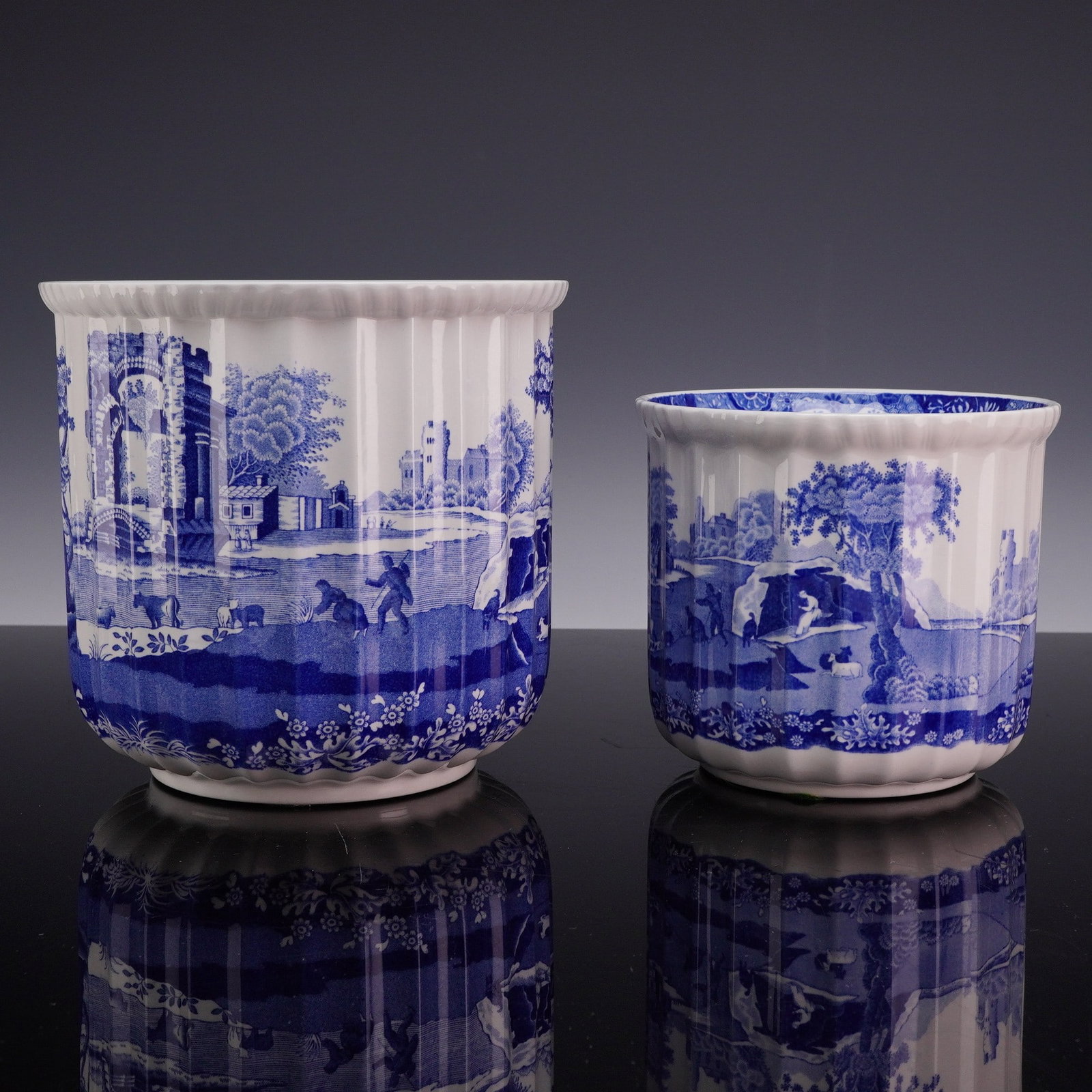 2pc Spode Blue Italian Graduated Earthenware Cachepots - 2