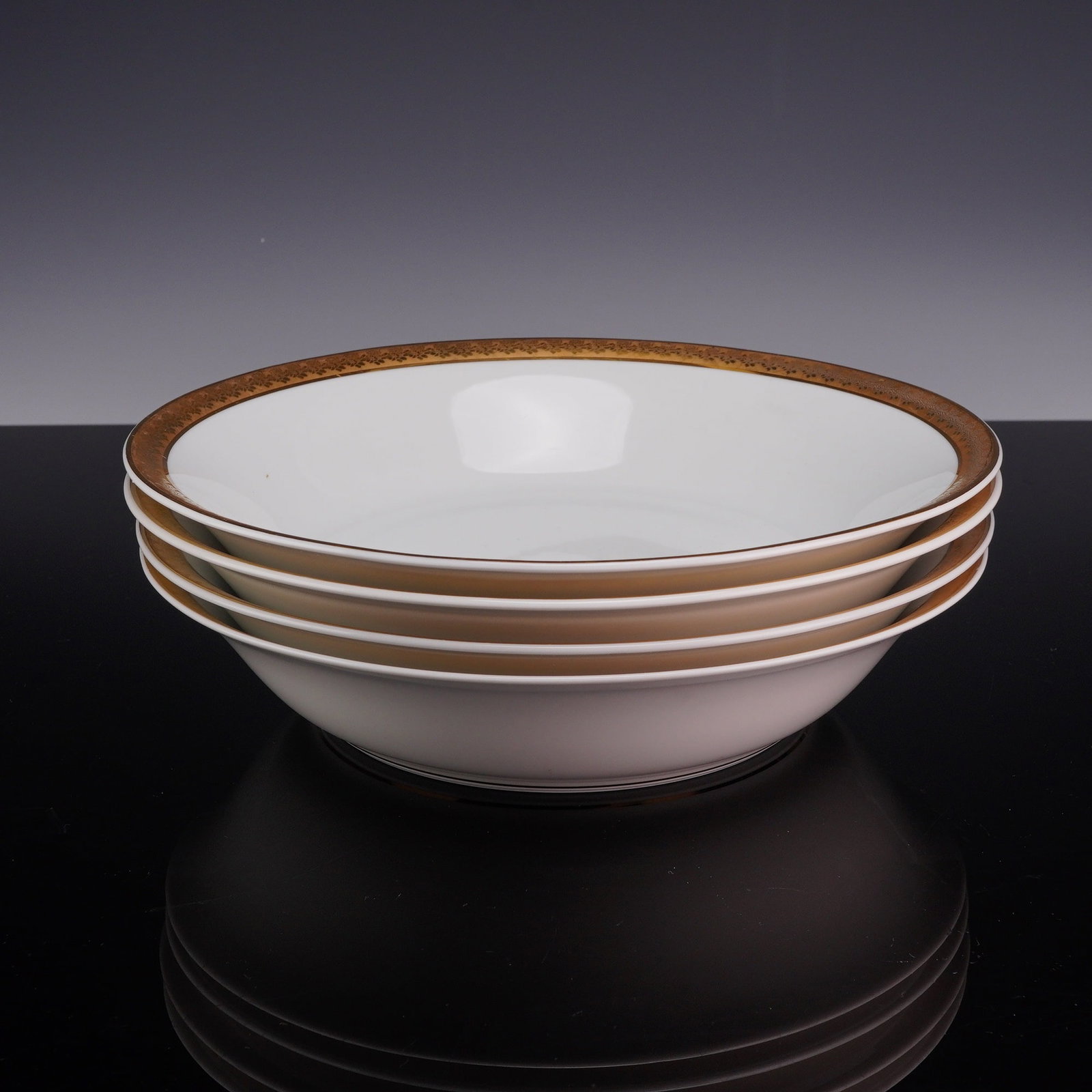 A Set of 4 Bernardaud Limoges Porcelain Rimmed Soup Bowls in the Rhapsody Pattern (1 of 3)