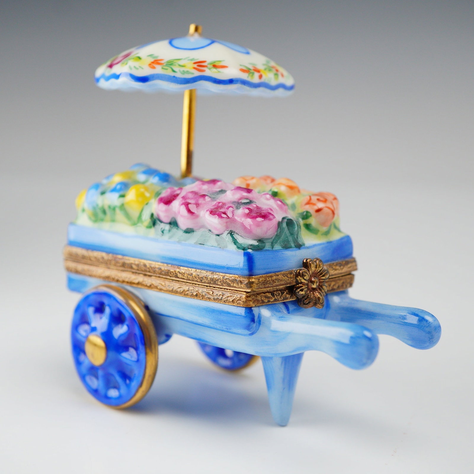 Limoges France Hand-Painted Porcelain Flower Cart Treasure Box with Umbrella (1 of 3)