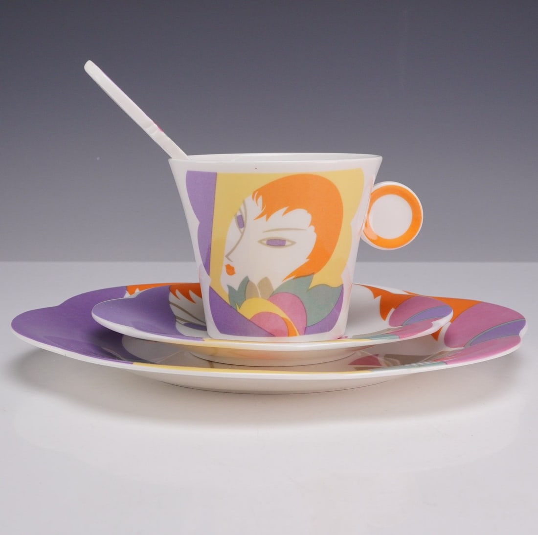 4 Piece Sango Larry Laslo Dessert Set - Plate, Saucer, Teacup and Stirrer, Visage (1 of 3)