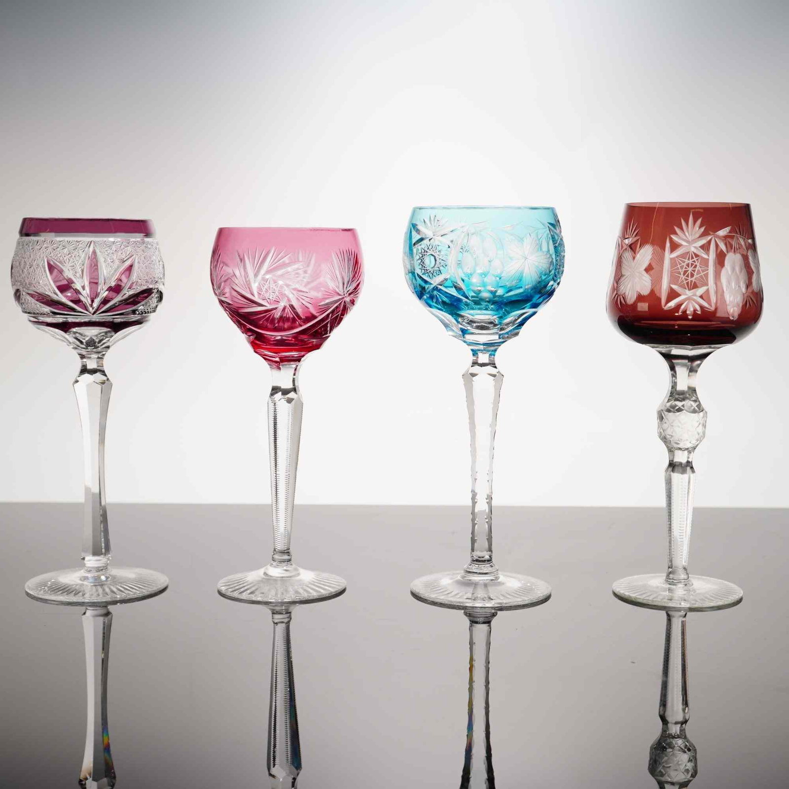 Mixed Lot of Four Bohemian Style Cut-to-Clear Lead Crystal Hock Glasses (1 of 3)
