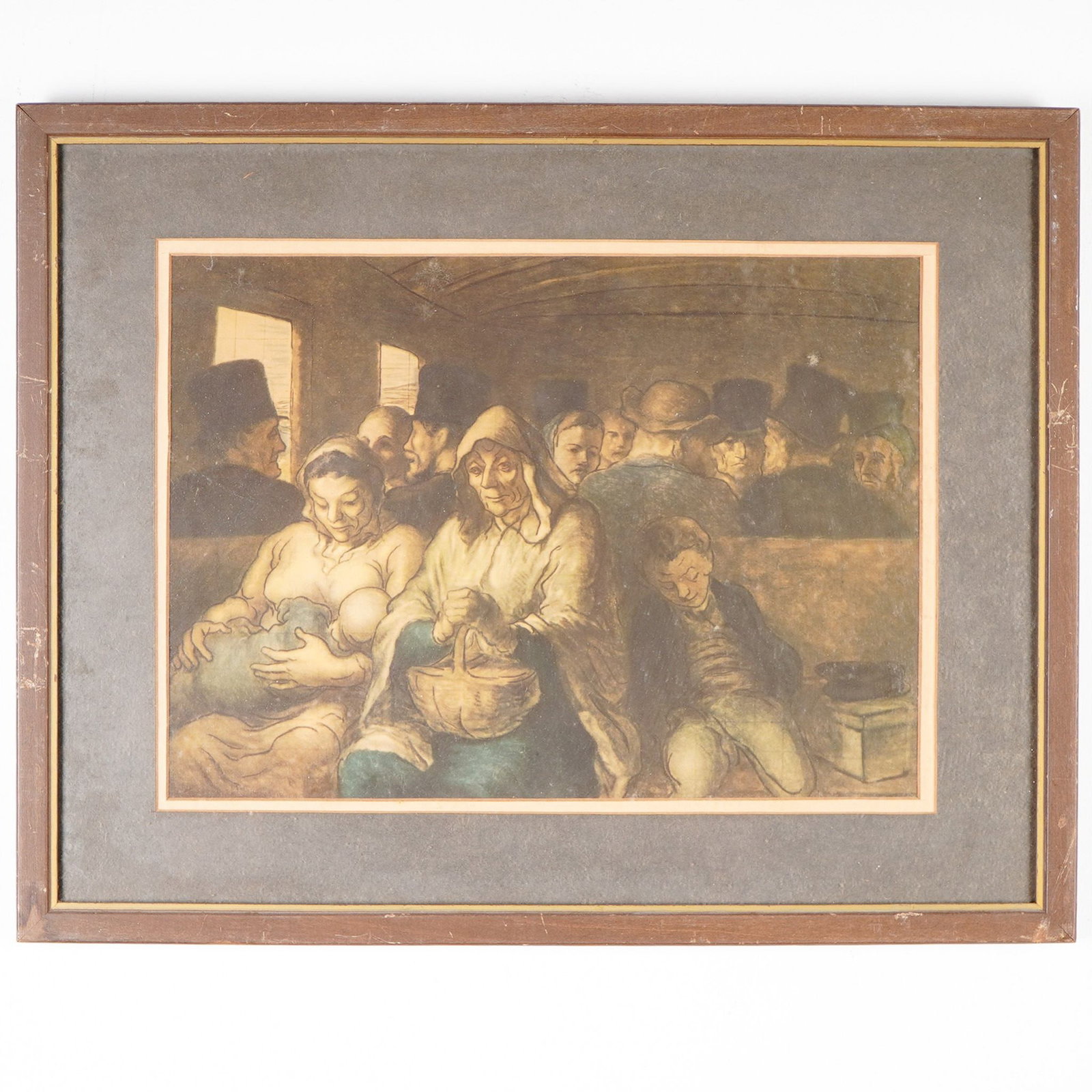 Print After Honore Daumier, Third-Class Carriage: Framed color print after Honore Daumier's famous painting The Third-Class Carriage, a poignant depiction of working-class passengers in a cramped railway compartment. Originally painted in the 1860s, 