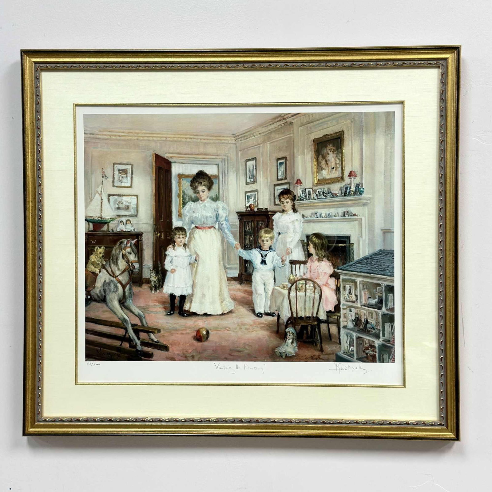 Alan Maley (English, 1931-1995) Limited Edition Print ,Visiting the Nursery, Signed: This is a limited edition reproduction print by English artist Alan Maley (1931-1995), titled Visiting the Nursery. The scene depicts an idealized late Victorian-era nursery with a mother and children