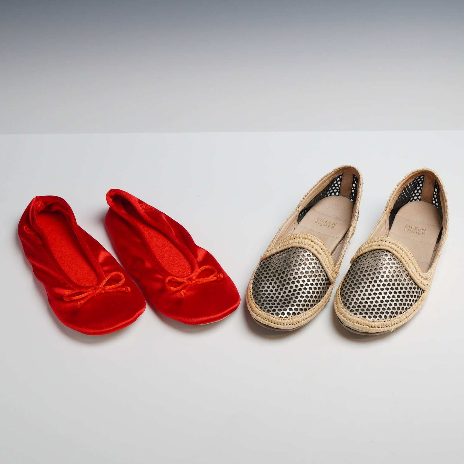 Two Pairs of Women's Flats, Eileen Fisher Etch and BCTX: Collection includes footwear by Eileen Fisher and BCTX. The lot features a pair of Etch mirrored perforated honeycomb espadrilles and a pair of satin ballet flats. Materials include metallic mesh, raf