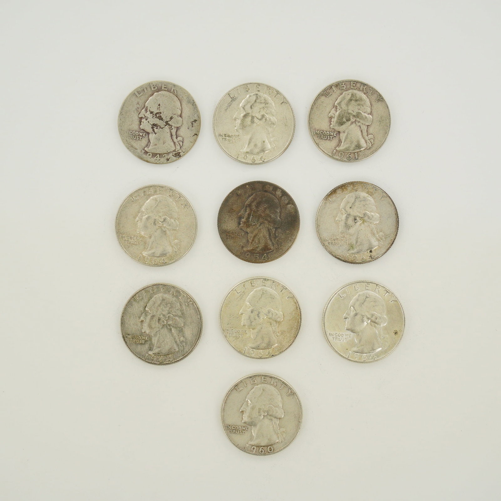 10pc Collection of US 90% Silver Washington Quarters, 1942-1964 (1 of 2)