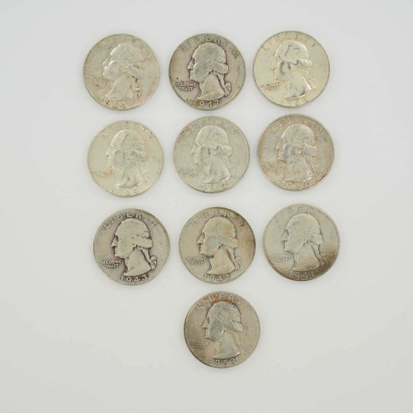 10pc Collection of US Silver Washington Quarter Dollars, 1941-1964 (1 of 2)