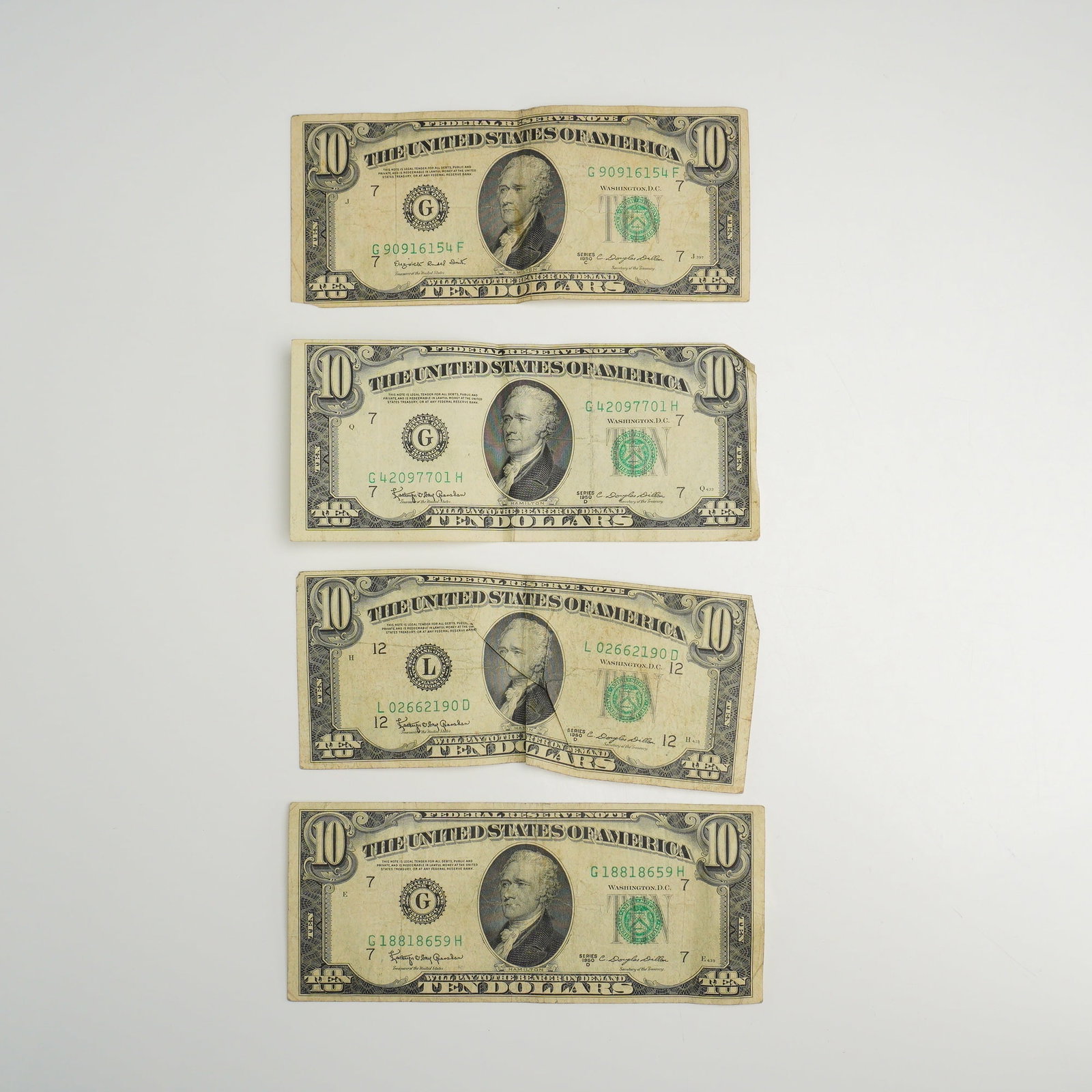 Four US $10.00 Federal Reserve Notes Series 1950 C and 1950 D (1 of 2)