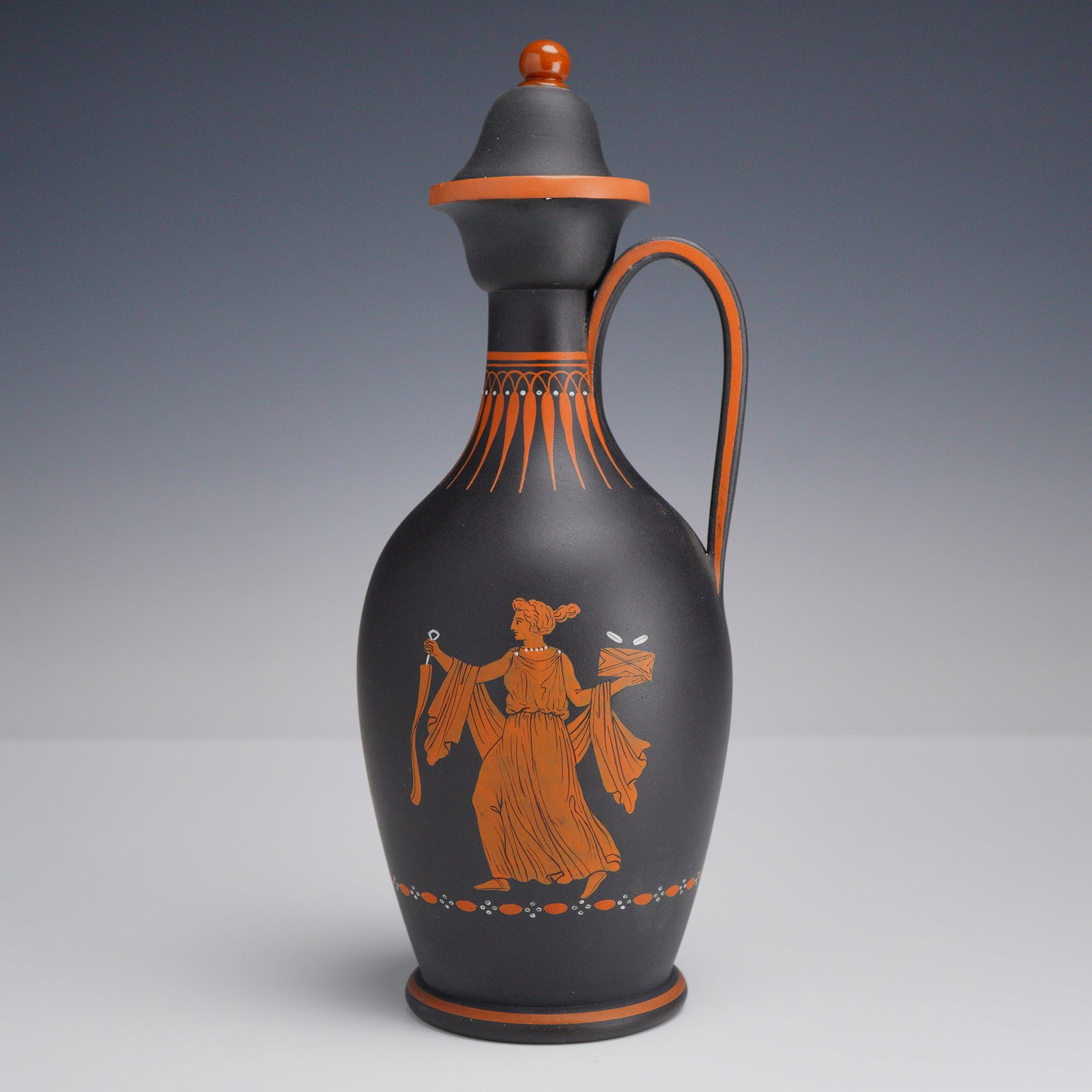 Wedgwood Black Basalt Encaustic Decorated Ewer and Stopper (1 of 3)