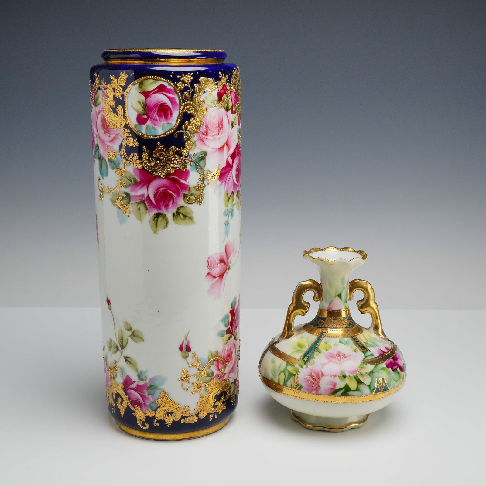 Two Nippon Hand-Painted and Gilded Porcelain Floral Vases (1 of 3)