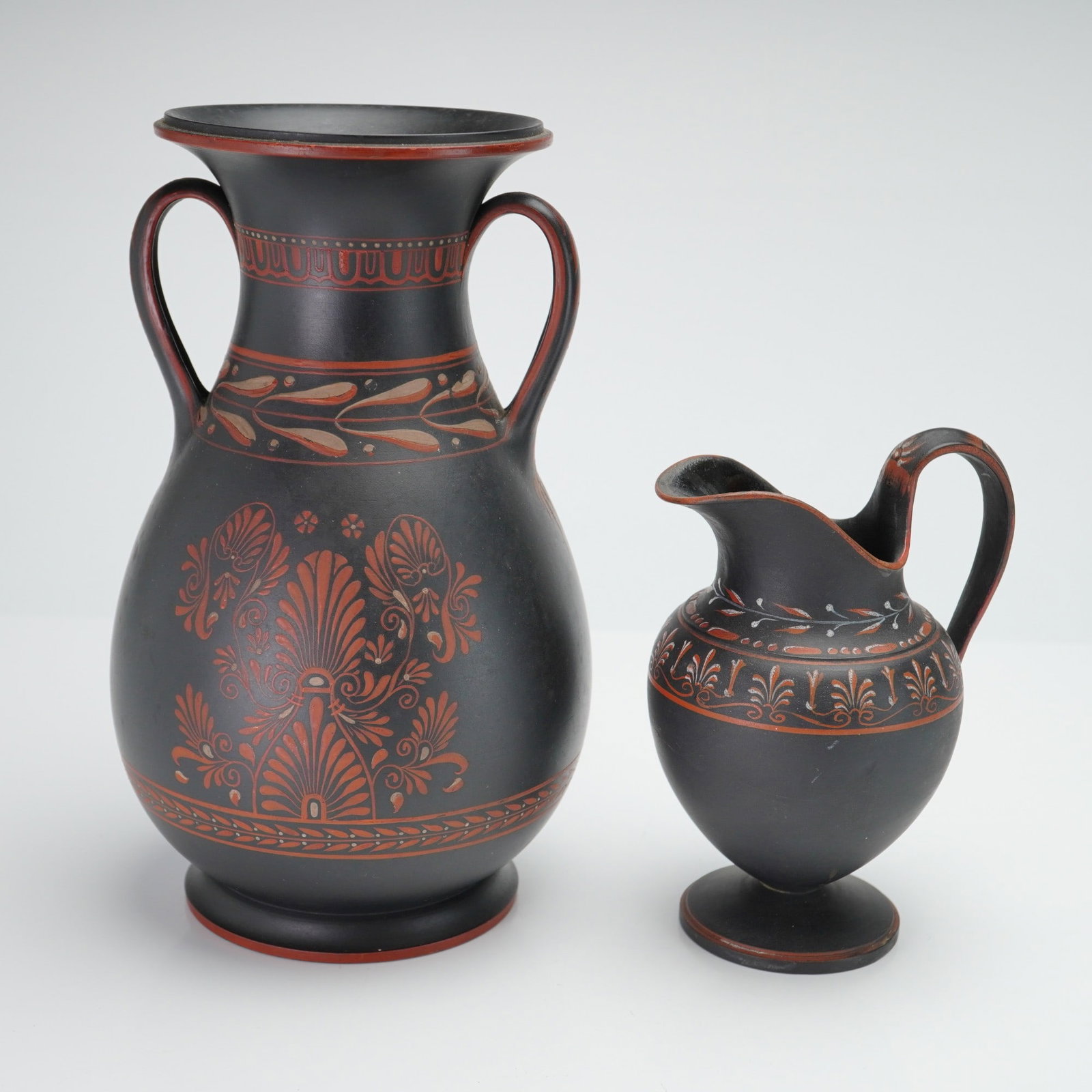 2pc Wedgwood Black Basalt Encaustic Decorated Neoclassical Vessels (1 of 4)