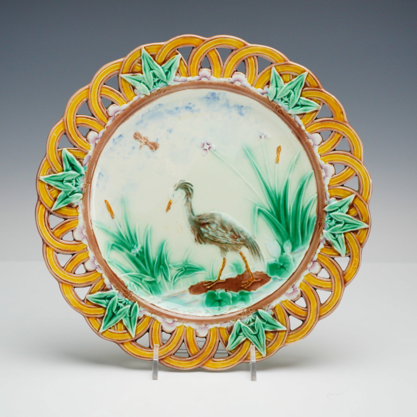 Wedgwood Majolica Heron Reticulated Plate, Dated 1870 (1 of 3)