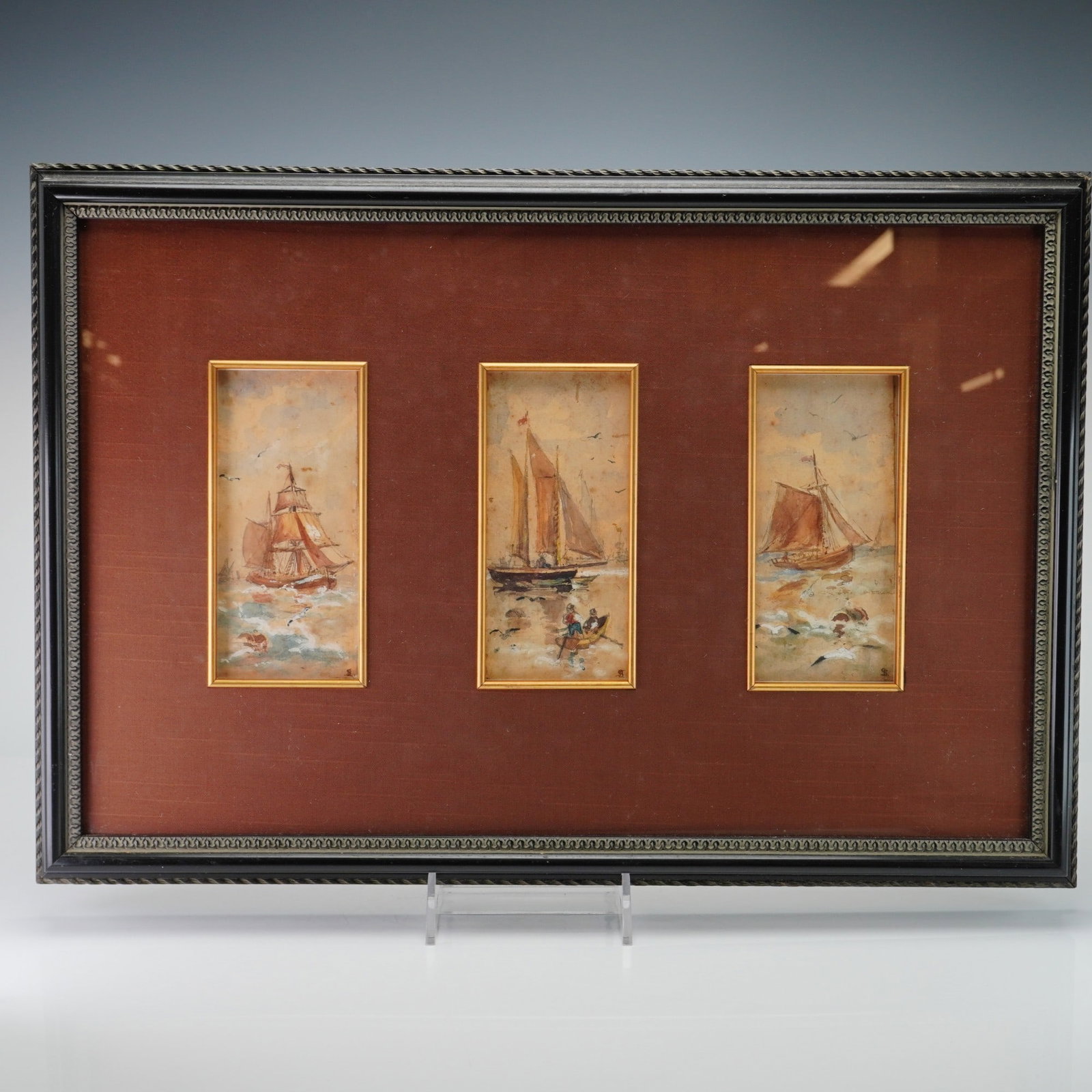 Wedgwood S. Bateman Trio of Miniature Marine Watercolors: This set of three miniature watercolors with highlights of bodycolor on paper depicts various sailing vessels at sea in a loose, impressionistic style. Each vertical panel focuses on a different ship 