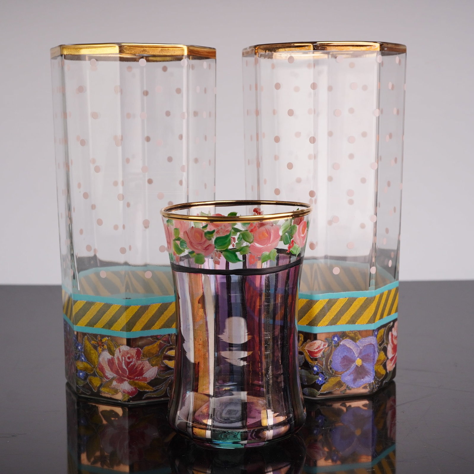 3pc MacKenzie-Childs Glass Cup Set in Garland and Pink Rose Patterns (1 of 3)