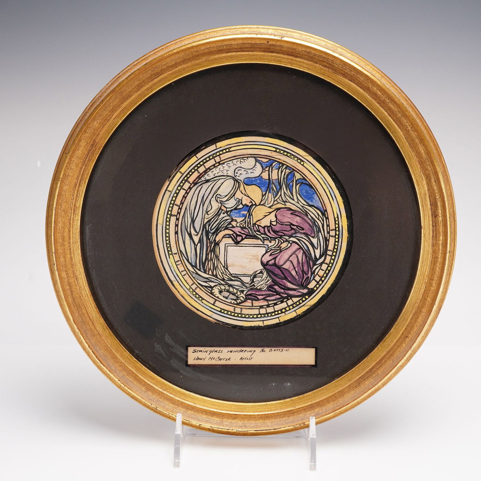 Henry McCarter Circular Framed Stained Glass Rendering after Hans Holbein the Younger: This circular framed stained glass rendering is a watercolor study by Philadelphia artist and illustrator Henry McCarter (United States, 1864-1942). The composition is a rendering after the Tantalus d