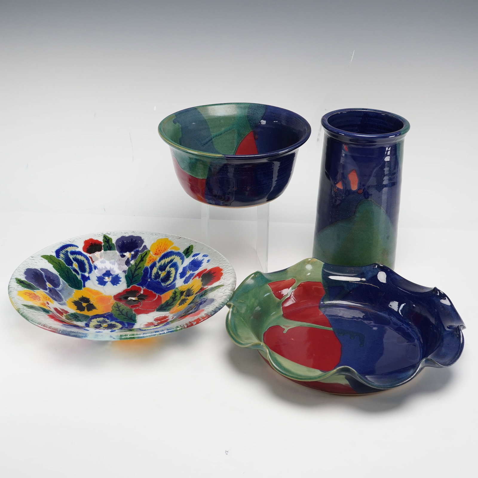 Set of 4 J and S Beaumont Studio Art Pottery and Fused Art Glass Bowl (1 of 4)