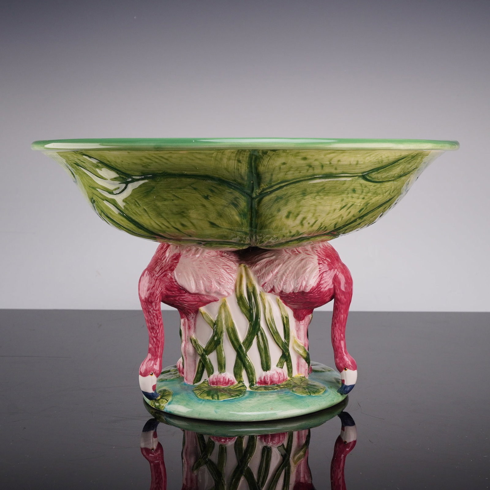 American Atelier Handpainted Earthenware Flamingo Pedestal Bowl, Marsh Birds 5245 (1 of 3)