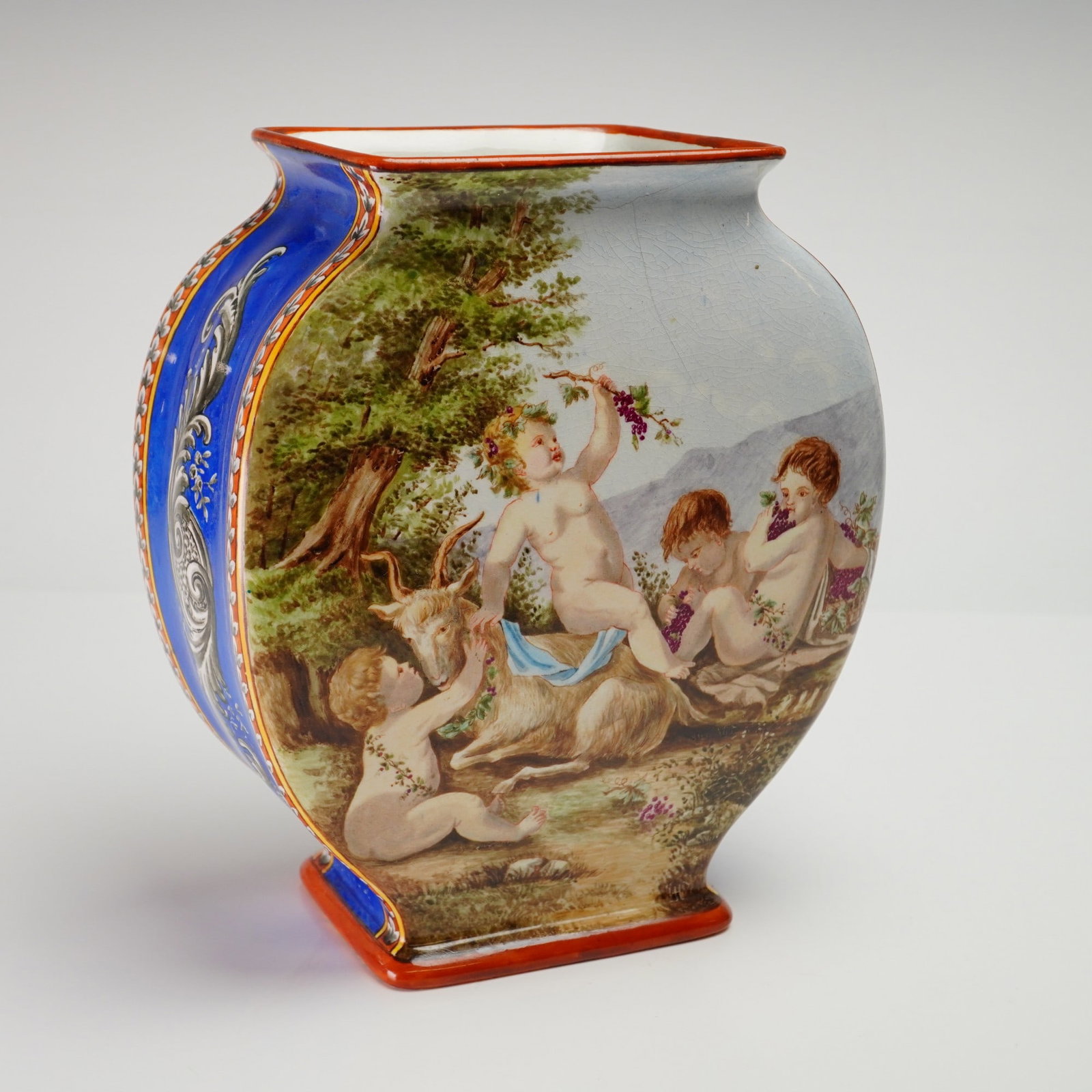 French Saint-Denis Flask Vase Signed J. Hondaille Dated 1885: This is a late 19th-century French ceramic vase produced at the Saint-Denis factory. The vessel is constructed of fine earthenware with a clear glaze and features hand-painted Rococo-style scenes on i