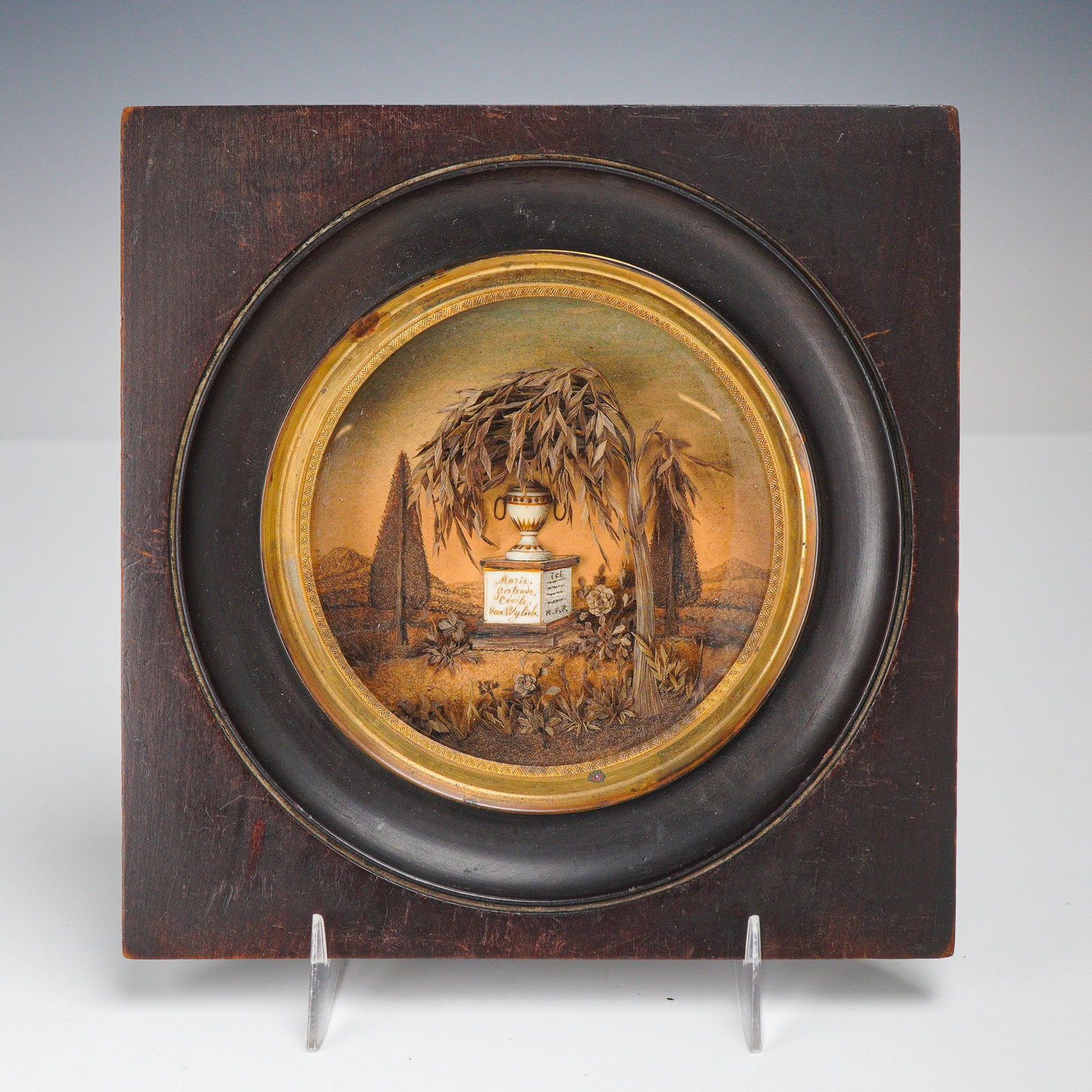 French 19th Century Framed Mourning Hairwork Relief Plaque with Inscription on Back (1 of 5)