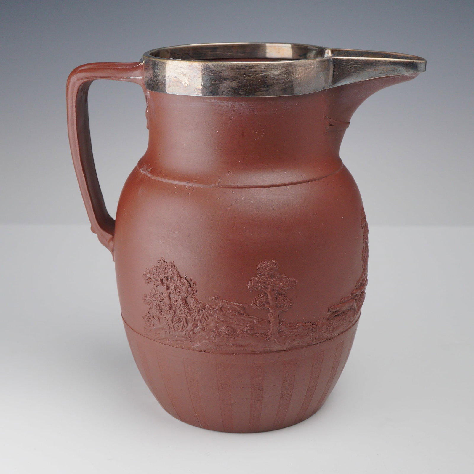 Samuel Hollins English Red Stoneware Pitcher with Sterling Silver Rim (1 of 4)