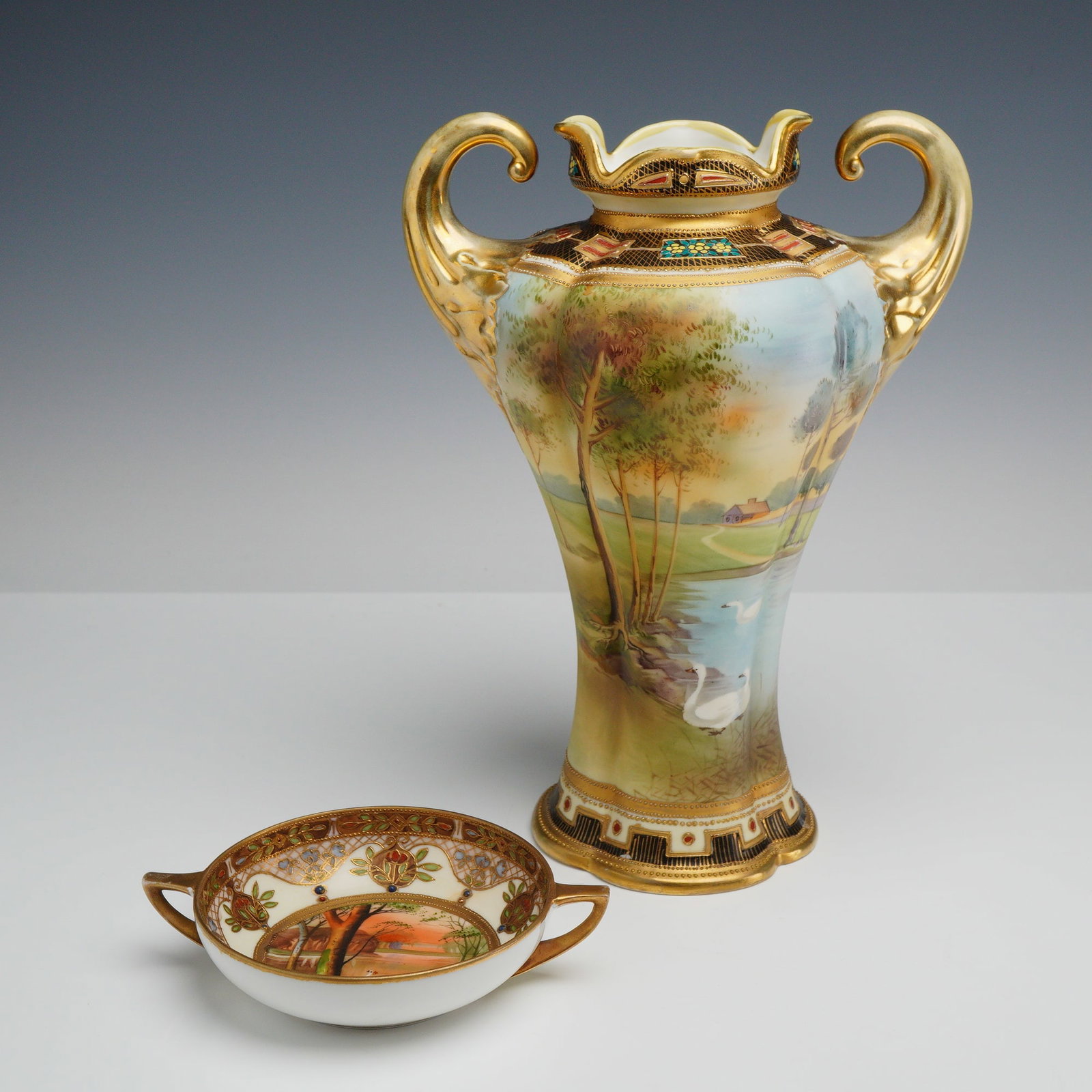Two Nippon Hand-Painted Porcelain Items with Swan Theme (1 of 3)