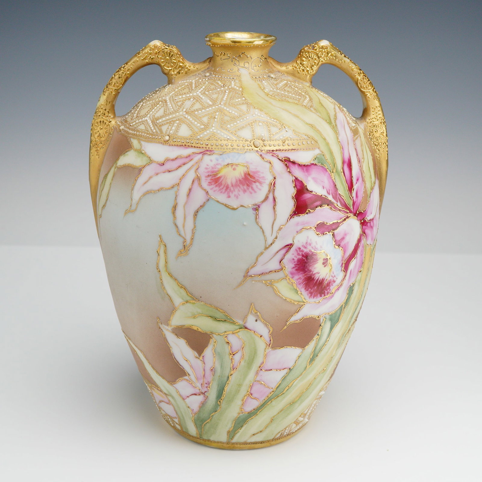 Nippon Hand Painted Porcelain Vase with Orchid Motif, c. 1890s (1 of 3)