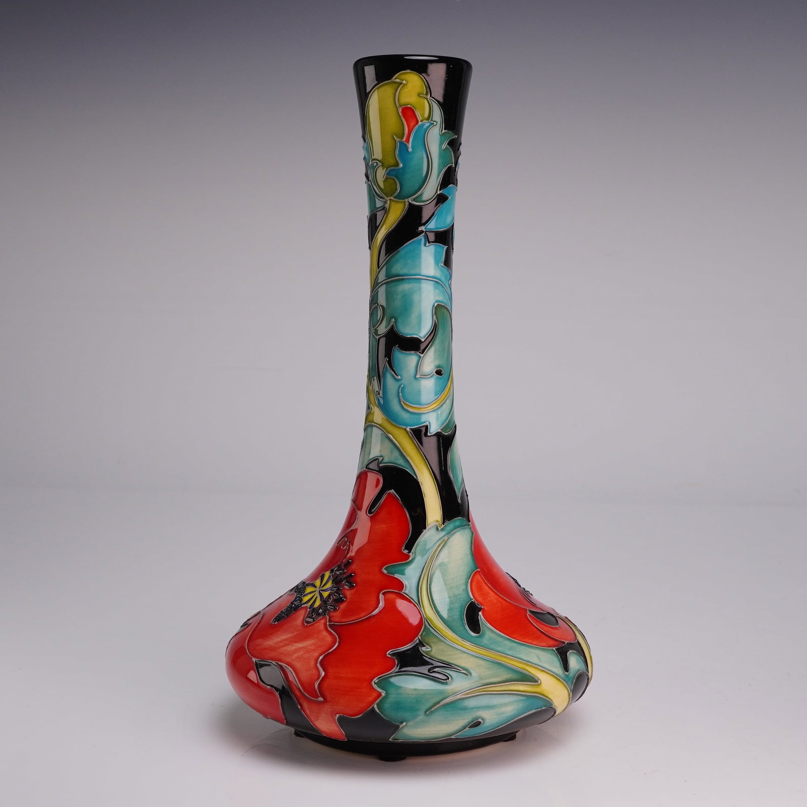 Moorcroft Pottery Louise Edwards Trial Tube Lined Poppy Vase Dated June 26 2014: This Moorcroft Pottery earthenware vase is a Trial piece, as indicated by the hand-painted markings on the base. Produced in Stoke-on-Trent, England, the vessel features a tall, slender neck that flar