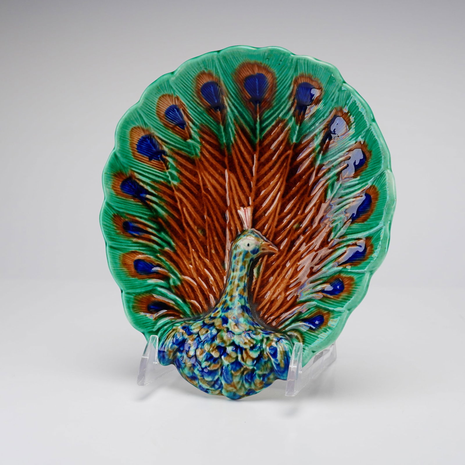 Wedgwood Majolica Peacock Motif Scalloped Dish (1 of 4)