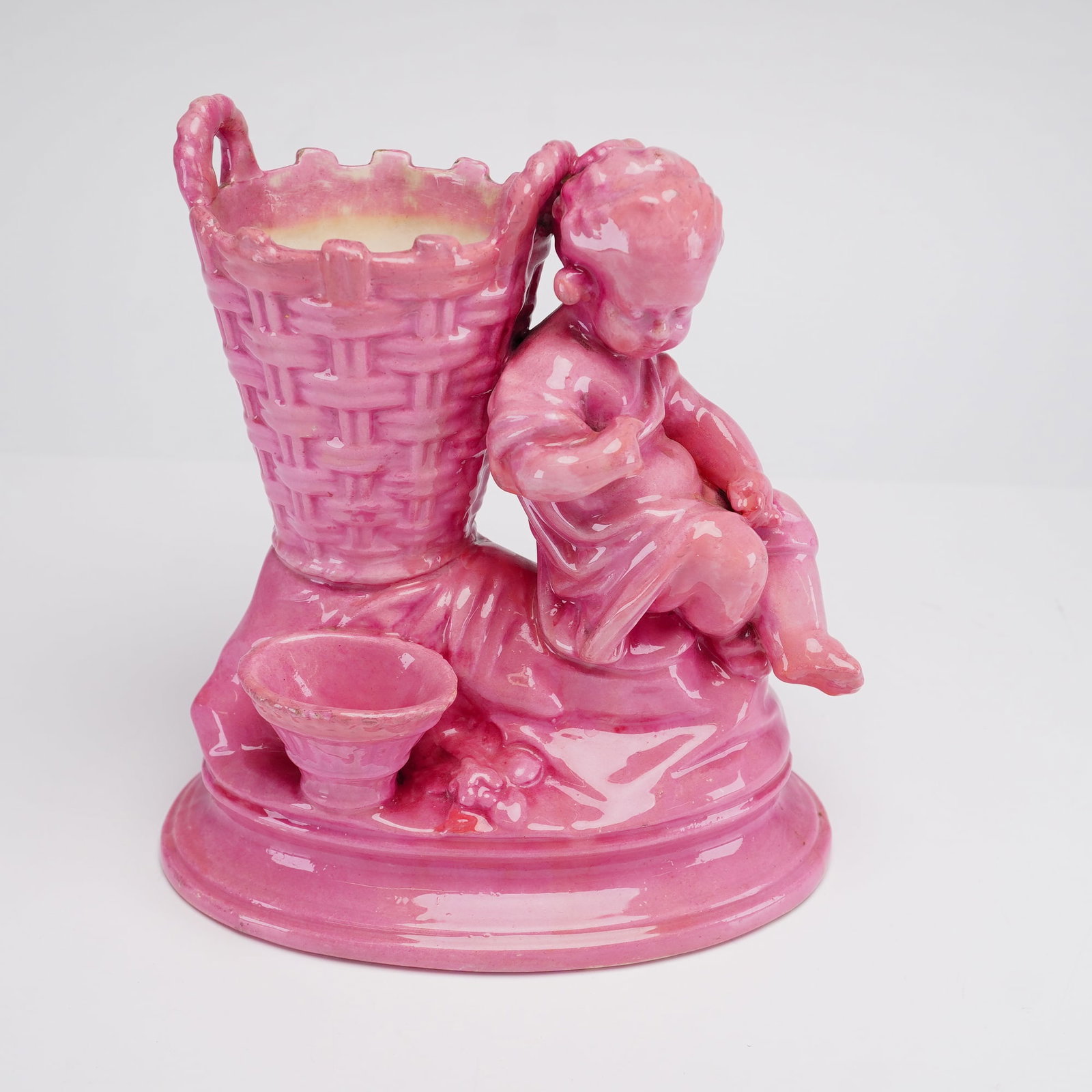 Wedgwood Pink Majolica Figural Spill Vase with Child and Basket (1 of 3)