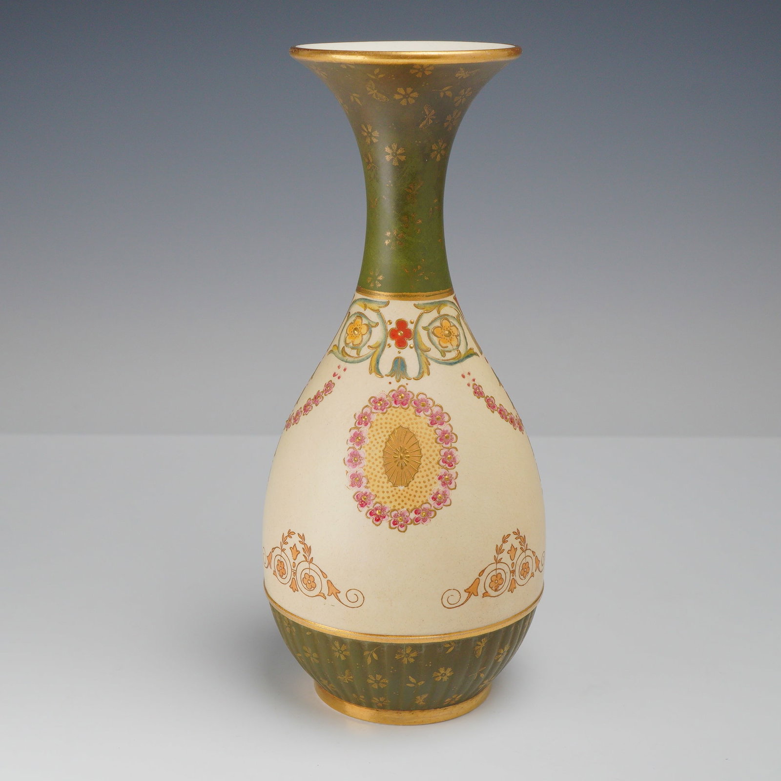 Wedgwood by Thomas Allen Aesthetic Movement Porcelain Persian Vase: A Wedgwood bone china vase, designed by Thomas Allen in the Persian style, dating to circa 1880. The high-shouldered, pear-shaped body features a cream-colored ground decorated with hand-painted neocl