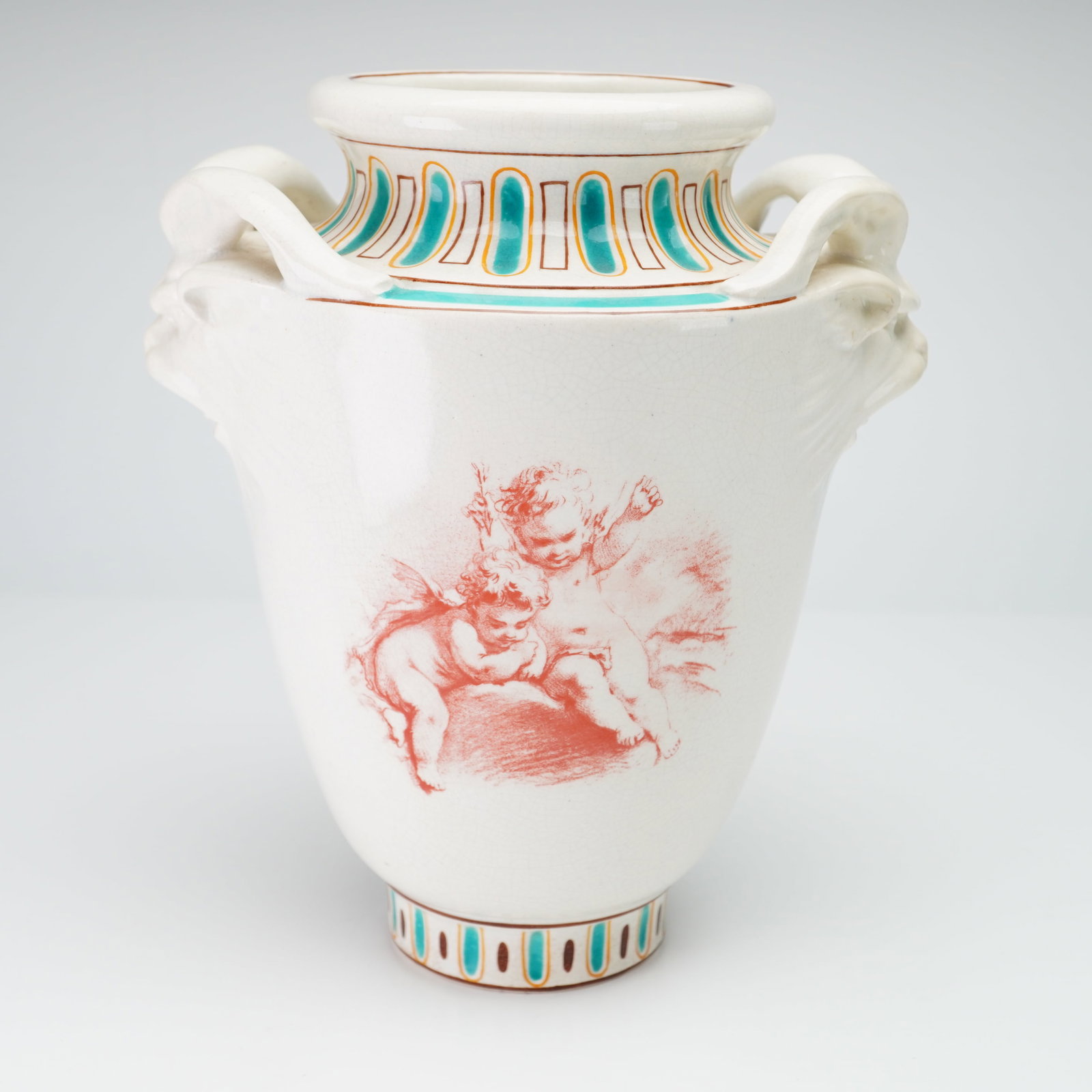 Wedgwood Emile Lessore Trentham Vase: This Wedgwood glazed creamware faience vase is of ovoid form with a waisted neck and a flared, rounded rim. The central decoration features a monochrome transfer-printed scene in a sanguine reddish-br