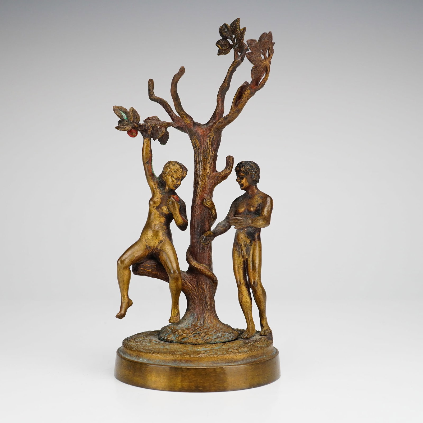 Antique Nam Greb Franz Bergman Bronze Sculpture, Adam and Eve, Signed: This 20th-century Vienna bronze sculpture is by Franz Bergman and bears the incised pseudonym Nam Greb on the side of the base (Bergman backwards). The piece is a metamorphic erotic machine depicting 