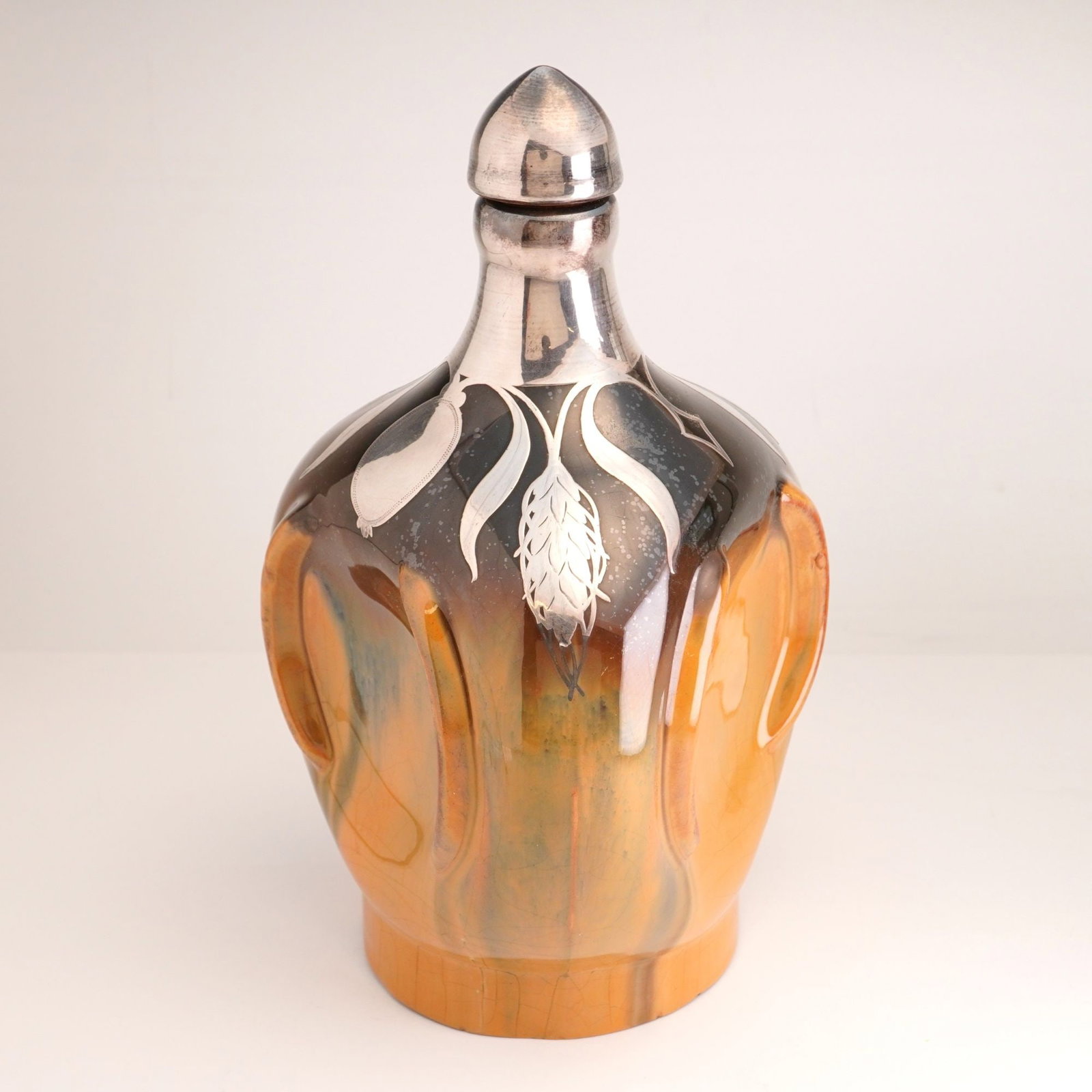 Fulper Pottery Art Nouveau Serling Silver Overlay Amber-Color Musical Jug (1 of 5)