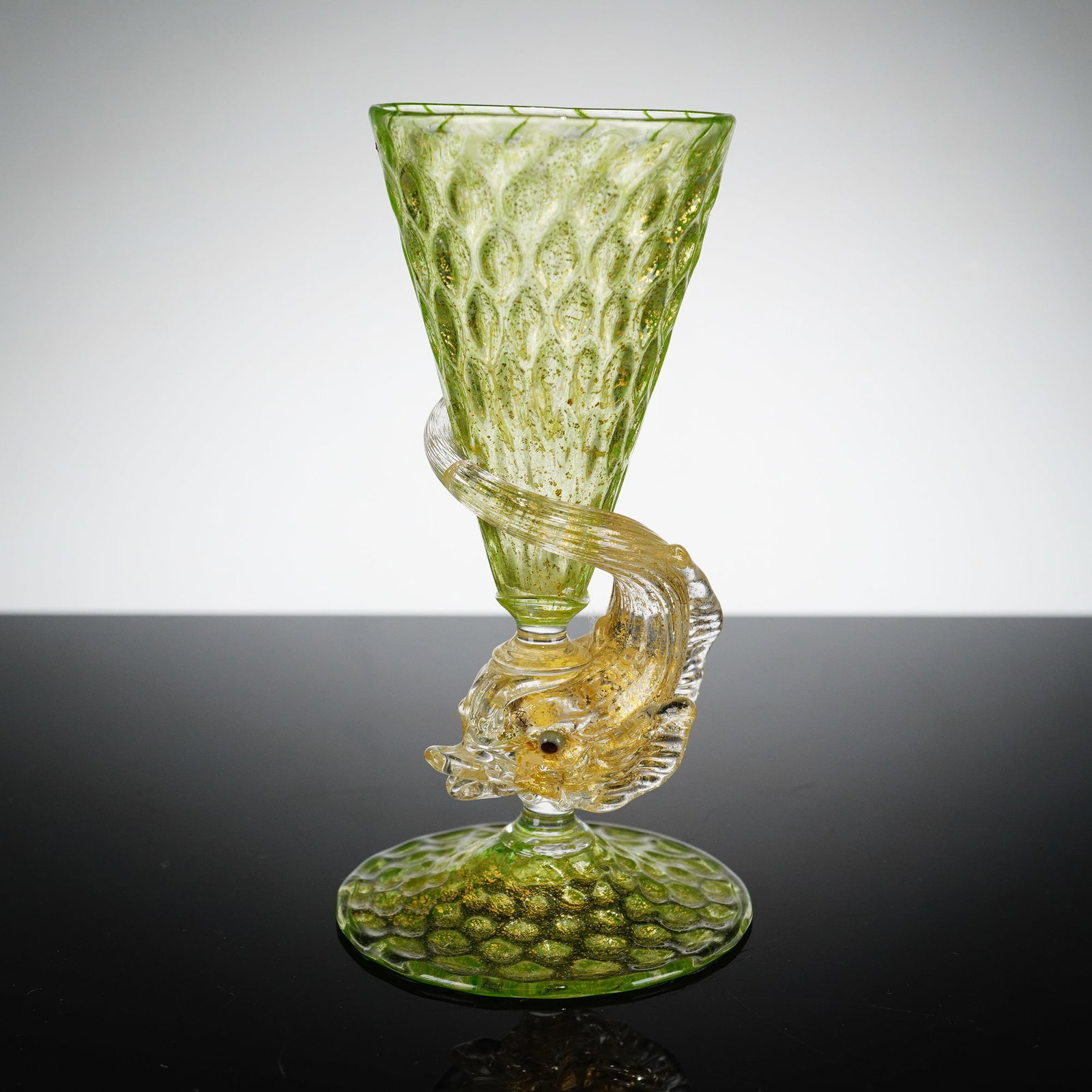 Venetian Green Glass Sherry Goblet with Gold Aventurine Dolphin Stem (1 of 3)