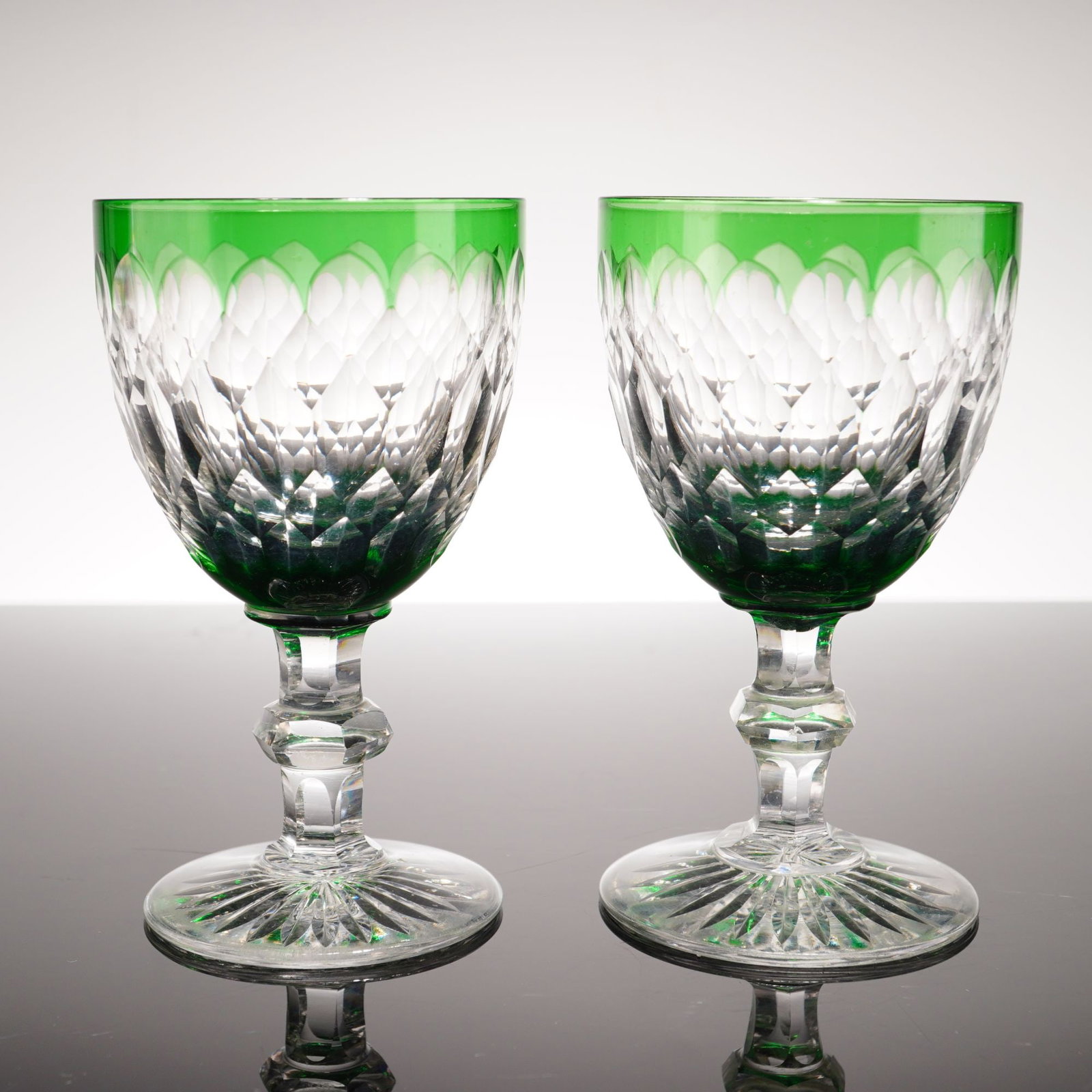 2pc Emerald Green Cut-to-Clear Crystal Wine Goblets (1 of 3)