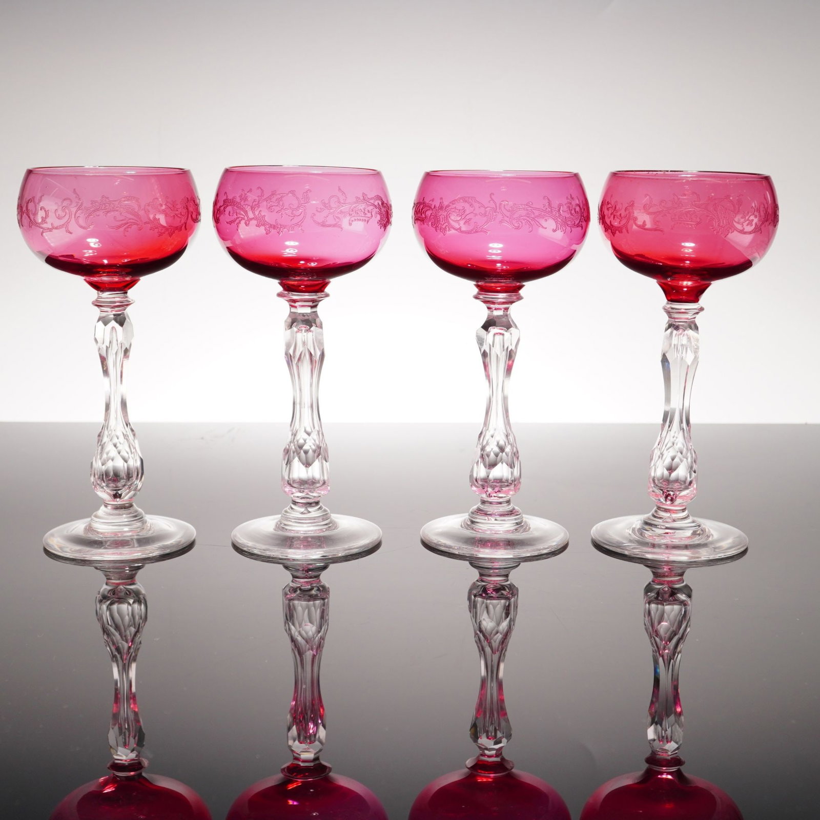 4pc St Louis Micado Etched Cranberry and Clear Crystal Wine Glasses (1 of 3)