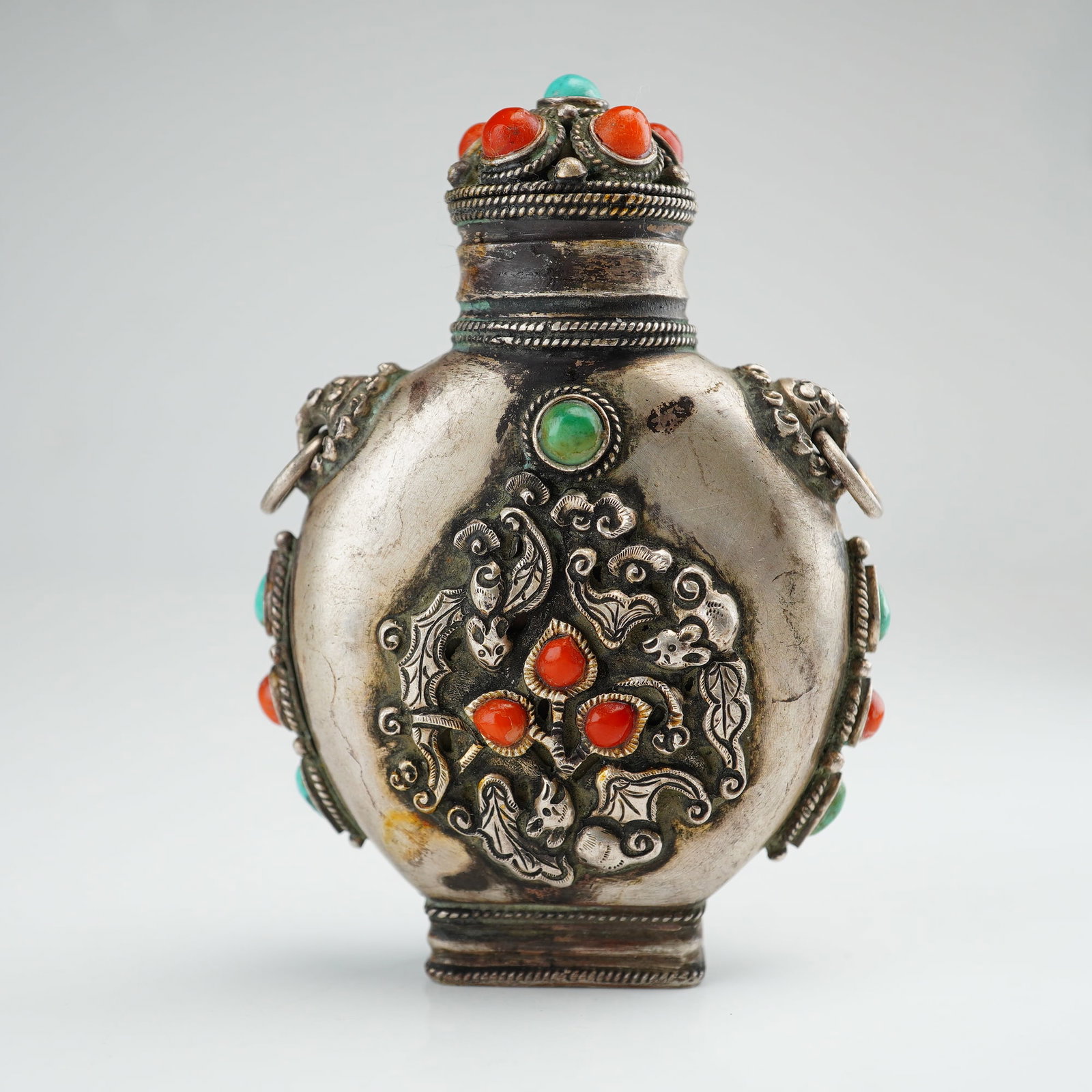 Mongolian Silver Repousse Snuff Bottle, Bats and Peaches (1 of 4)