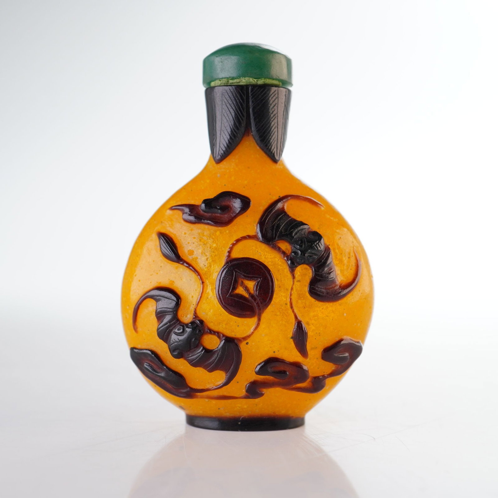 Peking Glass Snuff Bottle, Yellow with Black Overlay Bats and Coin (1 of 4)