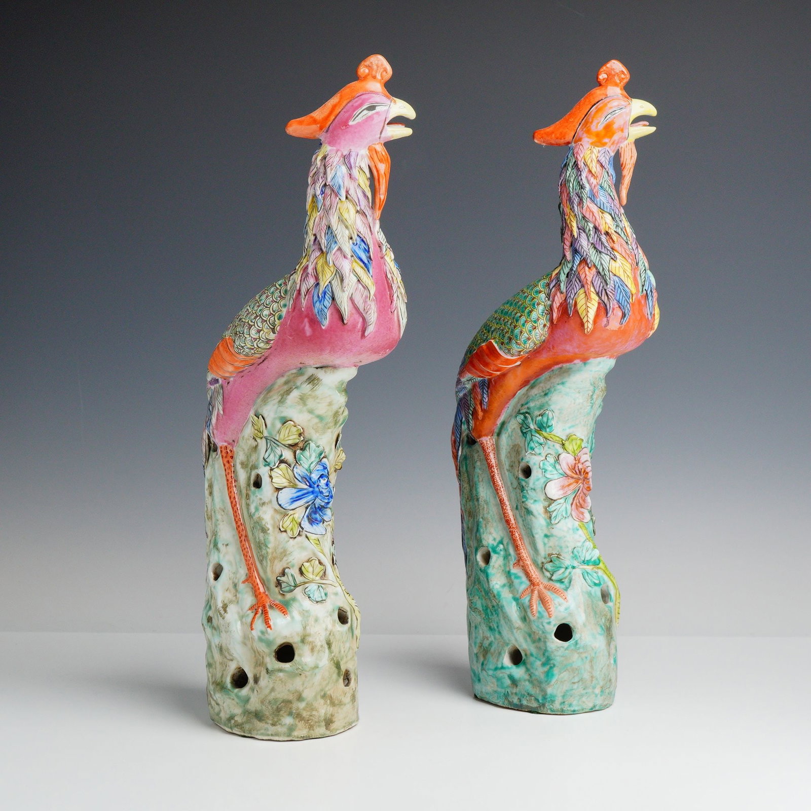 2pc Chinese Style Polychrome Porcelain Phoenix Sculptures (1 of 3)