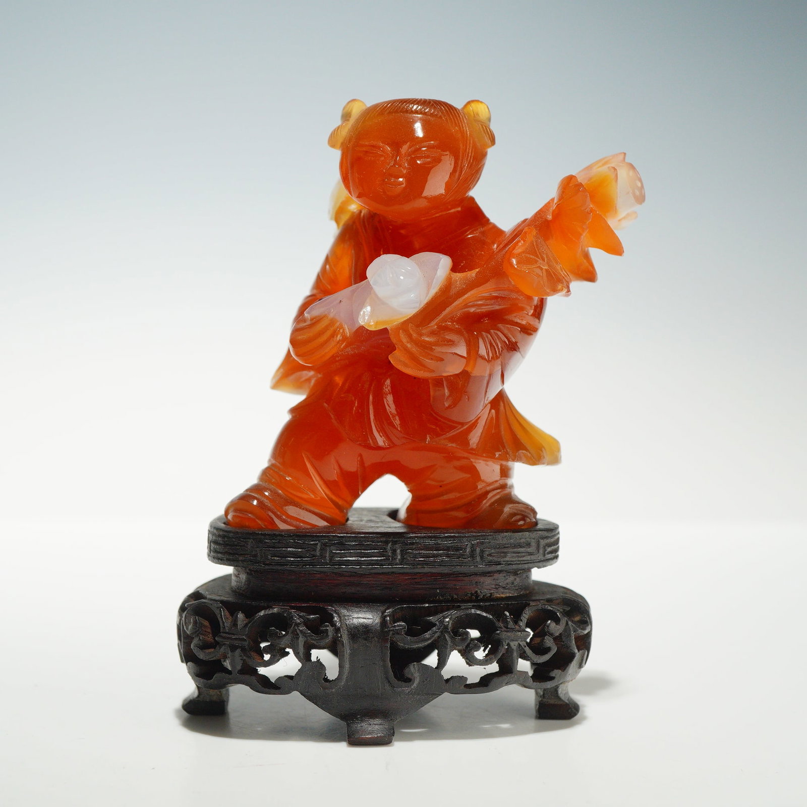 Chinese Carved Carnelian Agate Figurine of a Boy with Stand (1 of 3)