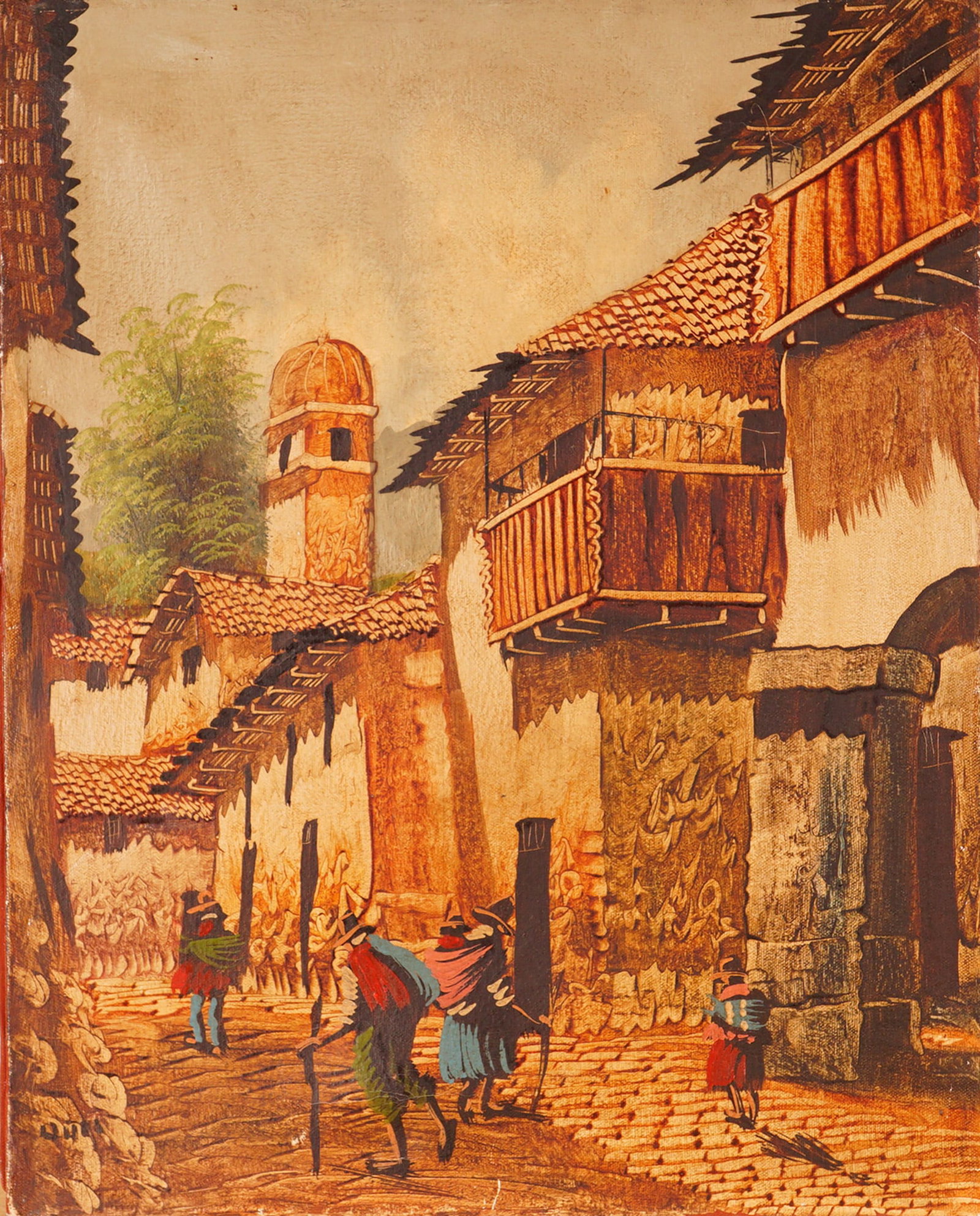 Oil on Canvas Painting, Andean Village Street Scene, Signed: Oil on canvas painting depicting a rustic street scene, possibly in Cuzco, with figures in traditional Andean attire walking along cobblestone paths amid adobe and timber buildings. A domed tower rise
