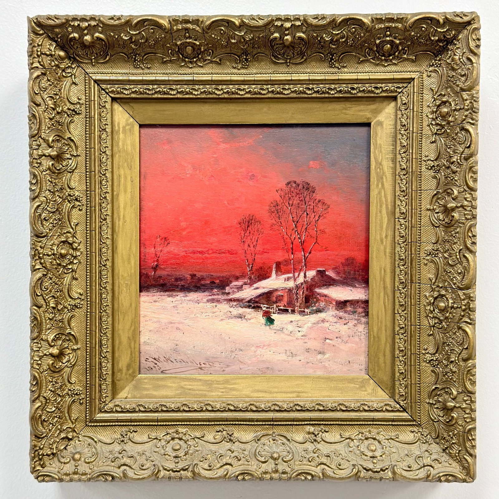 George Washington Nicholson (American, 1832-1912), Winter Landscape with Red Sky, Oil on Panel, 1893 (1 of 5)