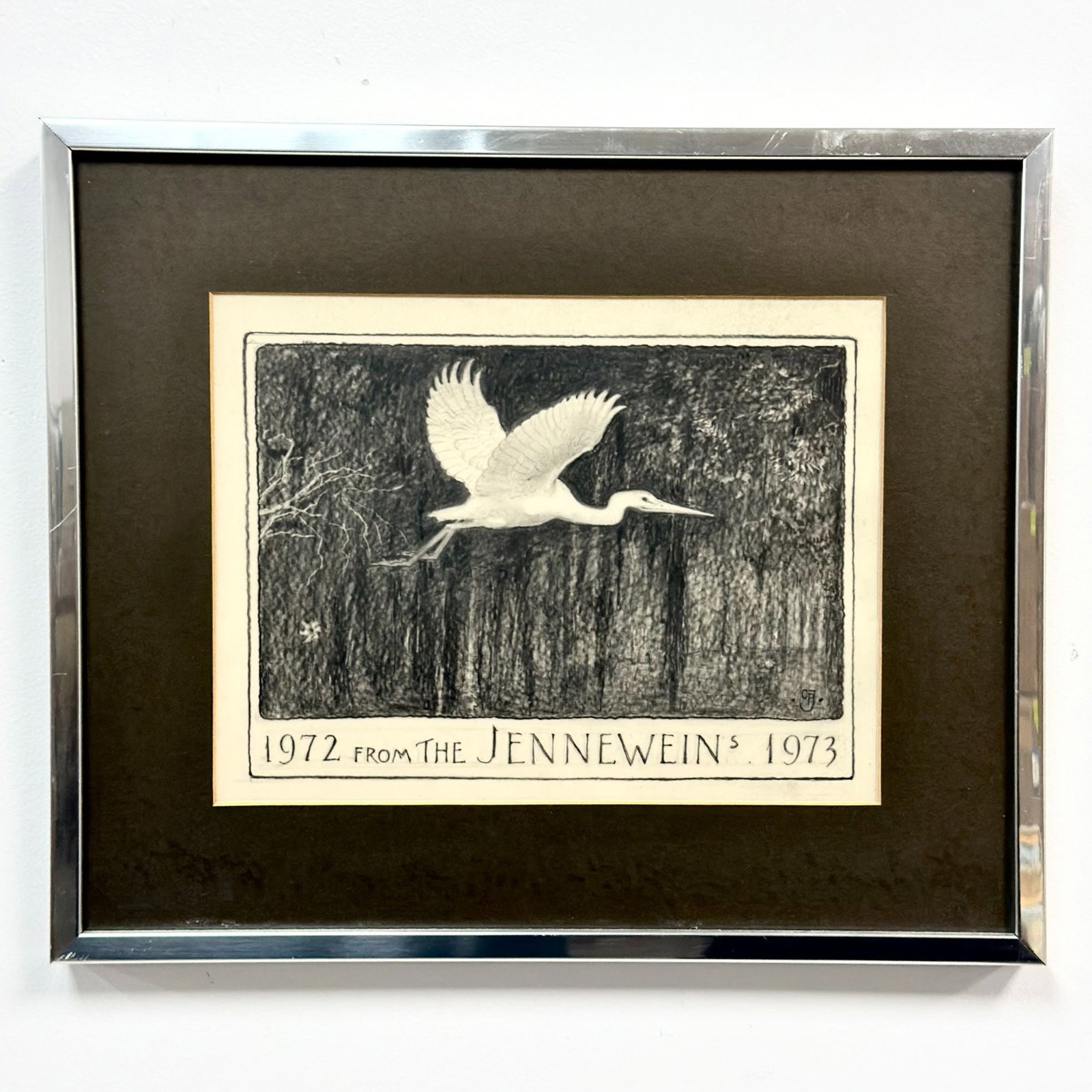 Carl Paul Jennewein (German-American, 1890-1978), Heron in Flight, Drawing on Paper, Signed: This framed artwork by Carl Paul (C.P.) Jennewein (German-born American, 1890-1978) is a drawing depicting a heron in flight. The composition depicts a bird against a dark, densely cross-hatched and t