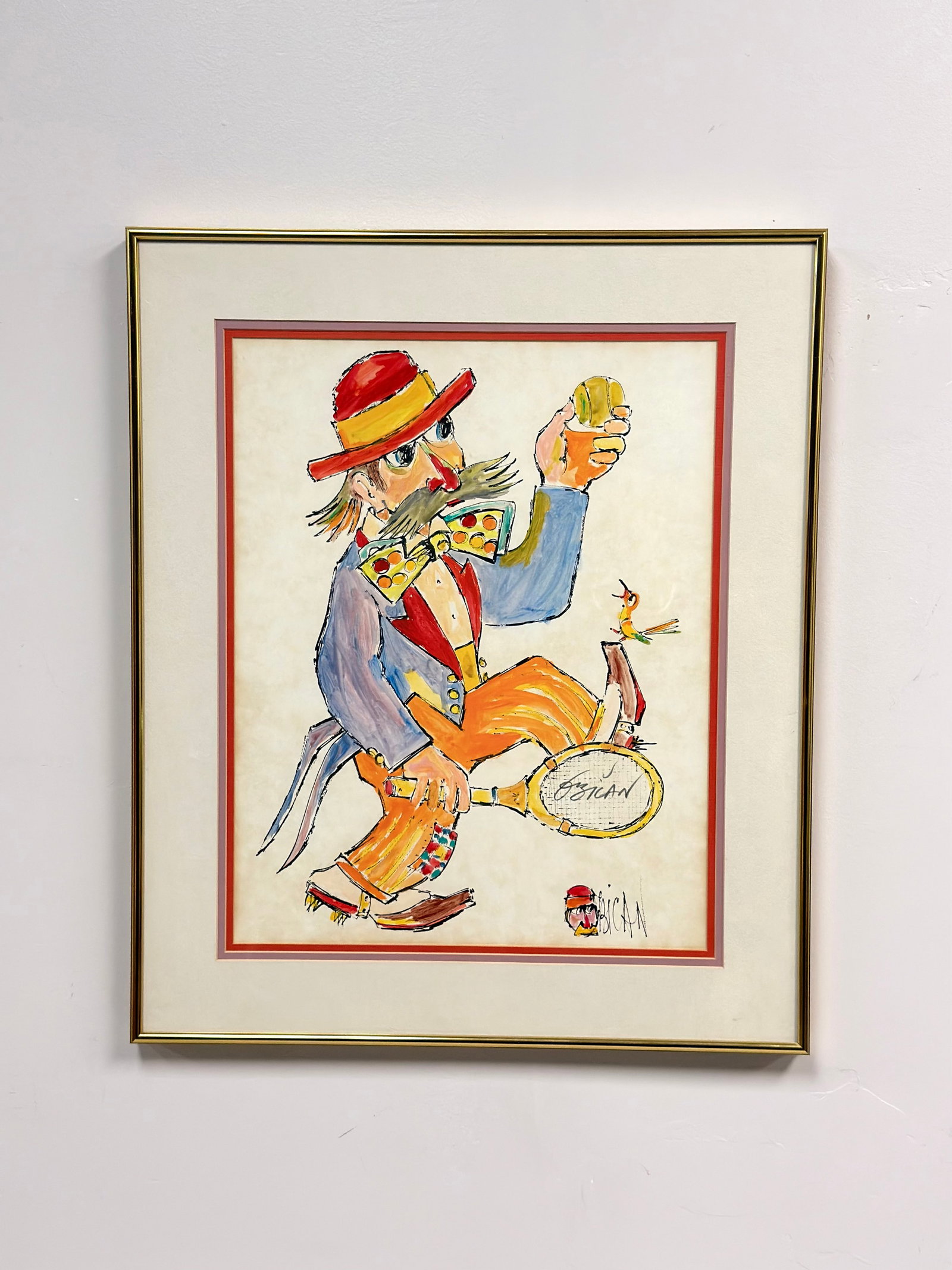 Jovan Obican (French, 1918-1986) Signed Lithograph on Paper, Tennis Player: Jovan Obican (French, 1918-1986). This lithograph on paper depicts a mustachioed male figure in a top hat and oversized polka-dot bow tie. The figure is portrayed holding a tennis ball aloft and a rac