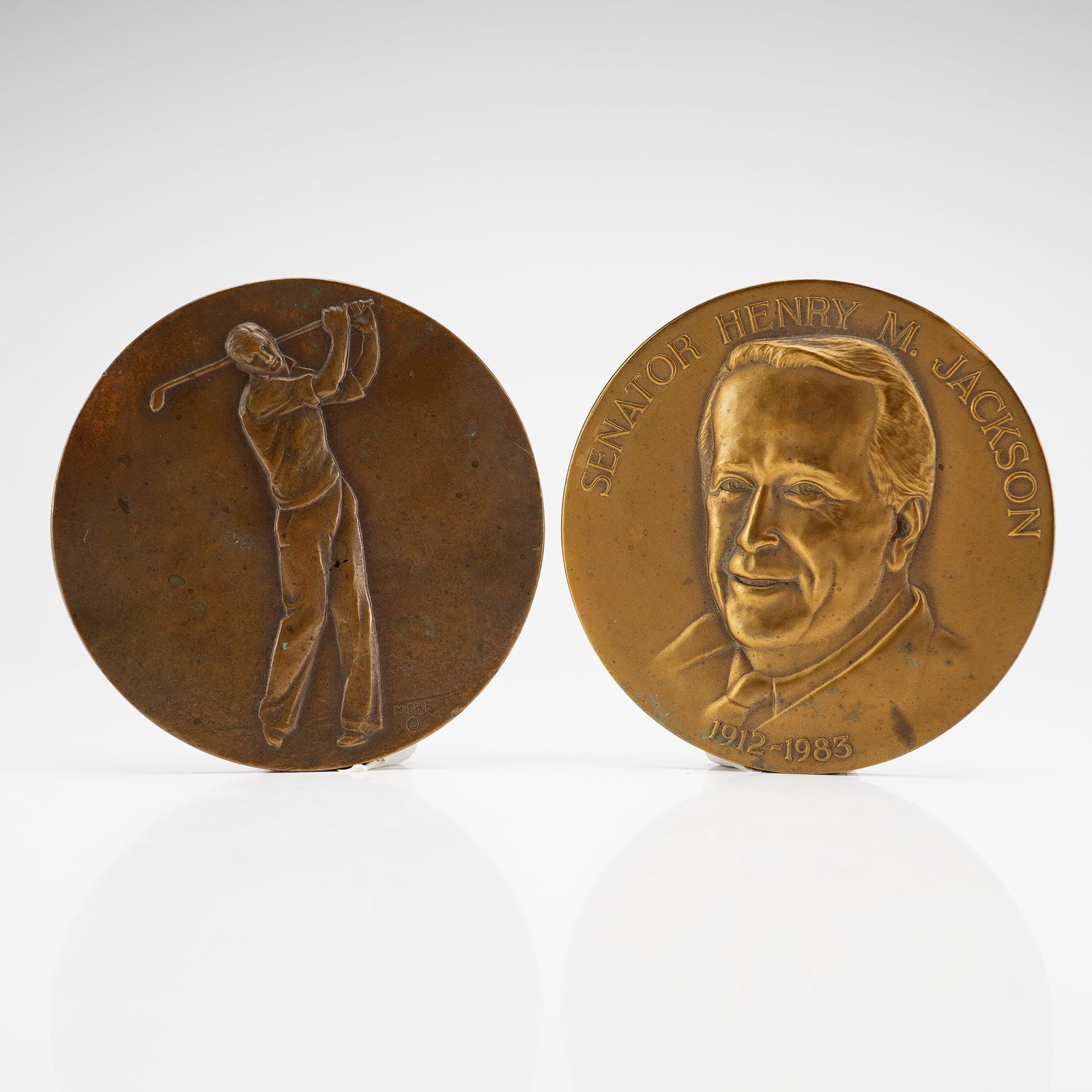 2pc Medallic Art Company, US 1984 Bronze Medals: This lot consists of two bronze medals produced by the Medallic Art Company. The first medal honors Senator Henry M. Jackson (1912 to 1983) and features a high-relief portrait on the obverse with the