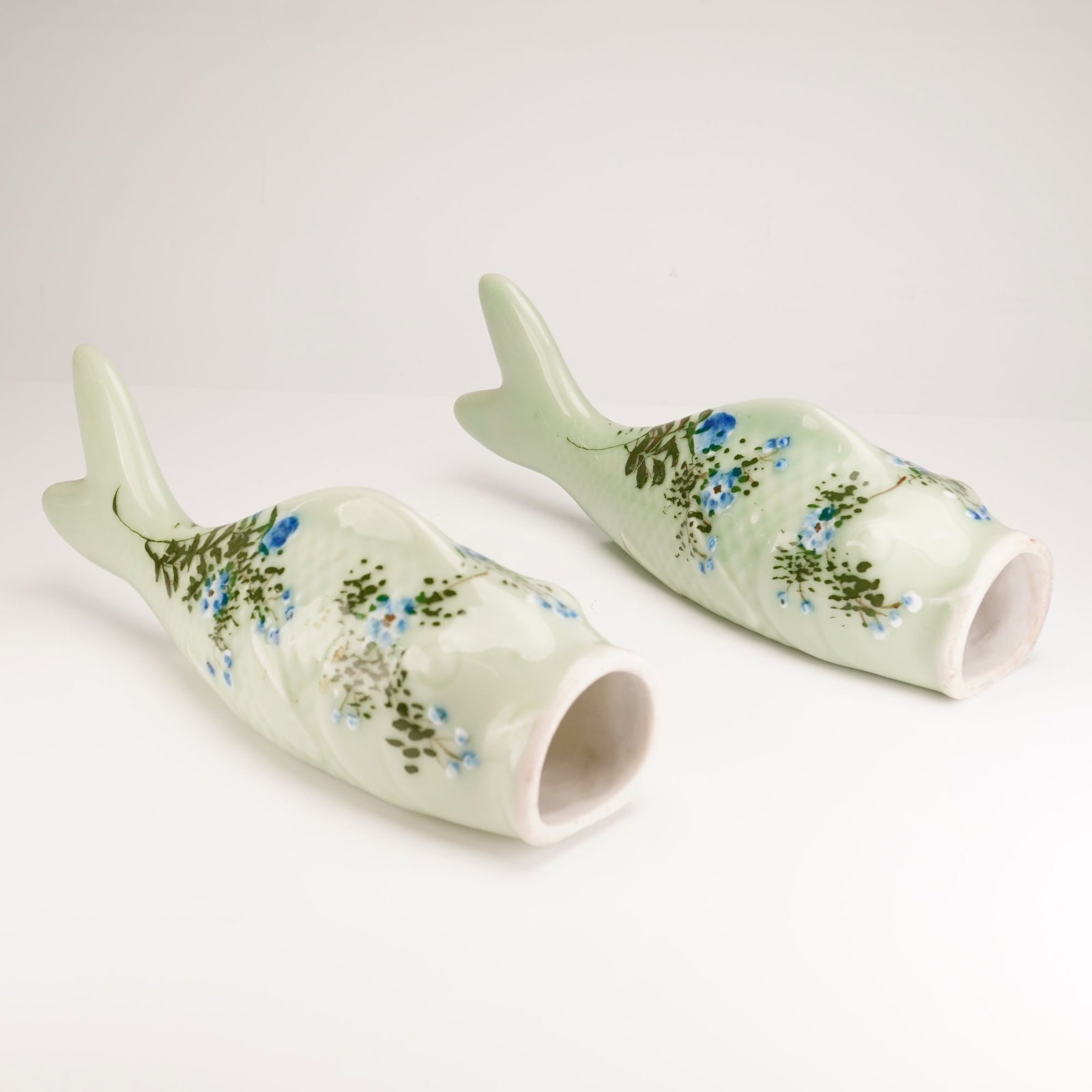 2pc Ceramic Fish-Form Wall Pockets with Floral Motif (1 of 4)