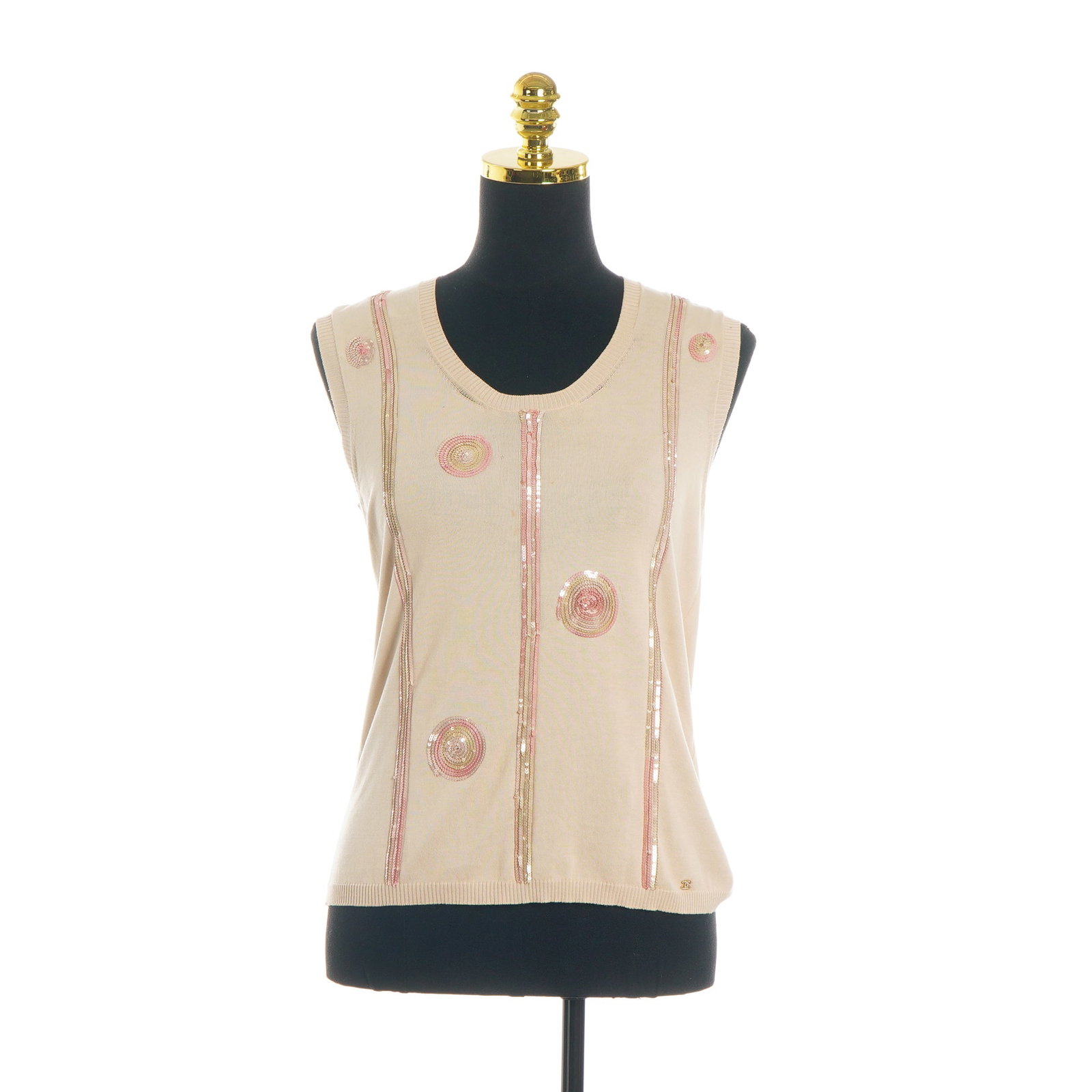 Chanel Sequin Embellished Sleeveless Knit Top, Size 42: A Chanel sleeveless knit top from the Spring/Summer 2006 collection, crafted from a beige fine-gauge knit. The garment features a rounded neckline with ribbed detailing at the collar, armholes, and he